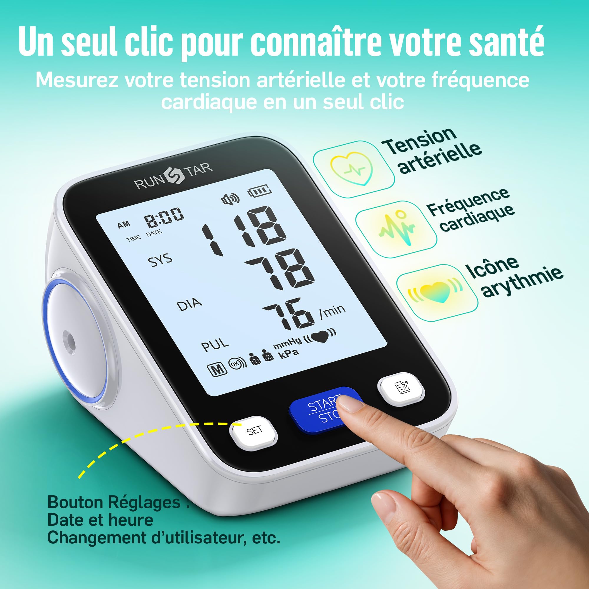 Runstar Tensiometre Bras Professionnel Automatique Brassard Large (22-42cm) Mémoire 2x99 Lectures Sac de Rangement Inclus