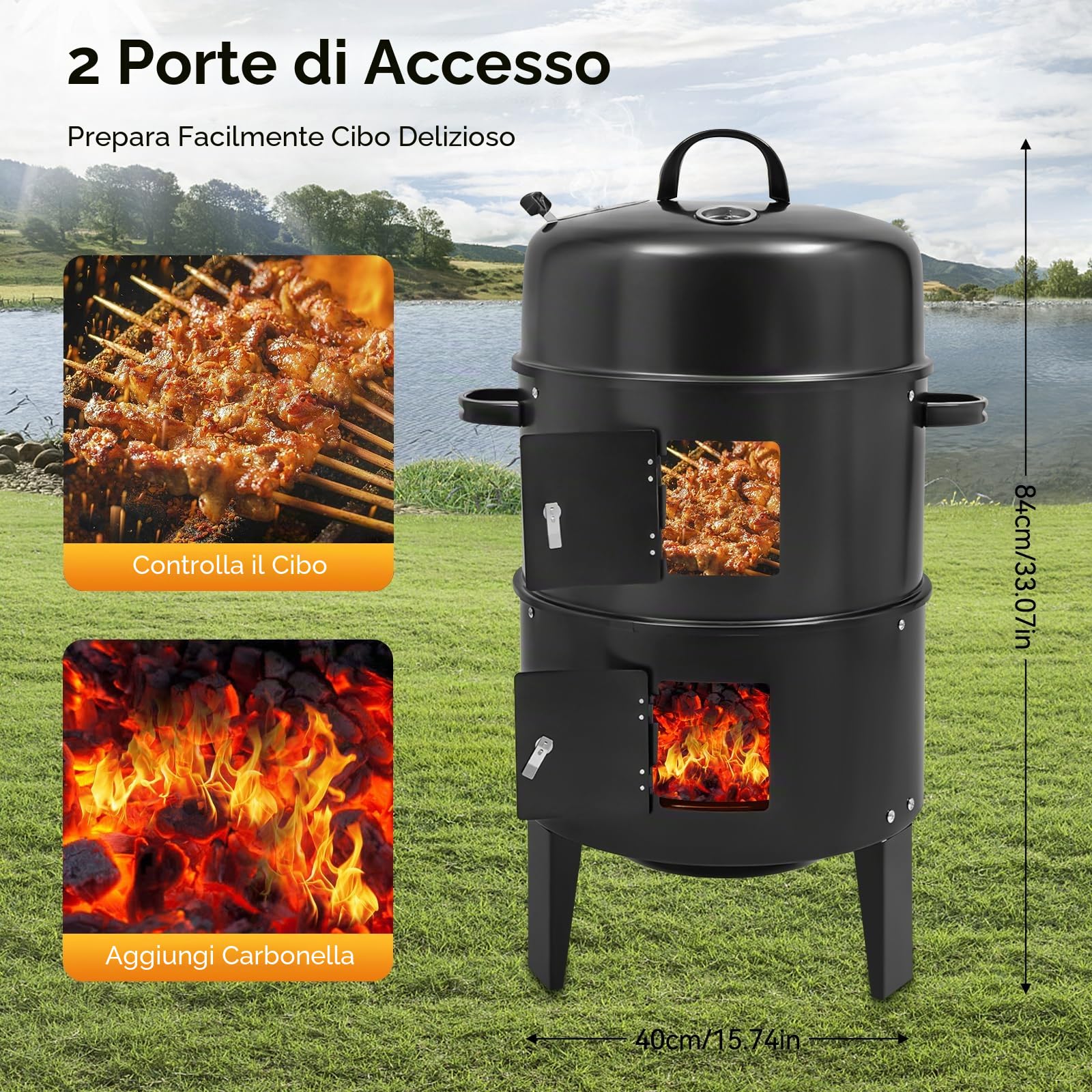 Barbecue autoportante a carbonella, forno per affumicatura 3 in 1,84 cm, con forno, termometro integrato e prese d'aria regolabili, multifunzione, per la preparazione di carne, pancetta