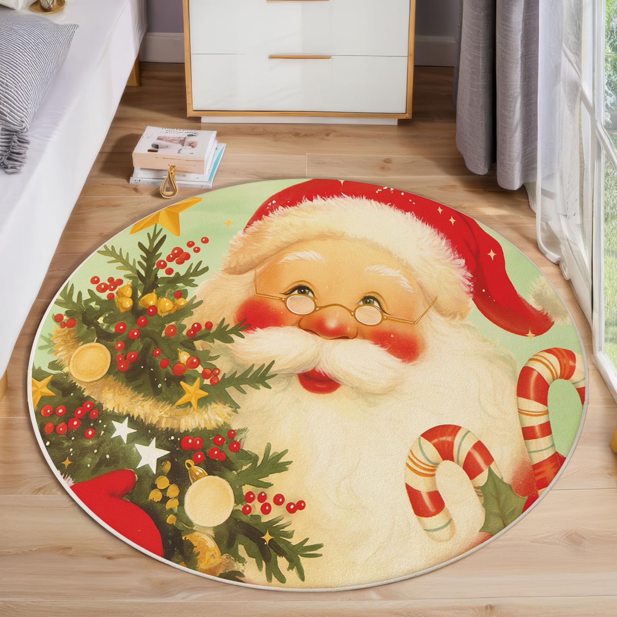 Tapis De Noël Rond, Motif Père Noël Mignon Illustration À L'Aquarelle Tapis De Salon Vert Sauge Doux Paillasson Antidérapant pour Salle À Manger Canapé Chambre d'enfant Fête, Diamètre 160 Cm