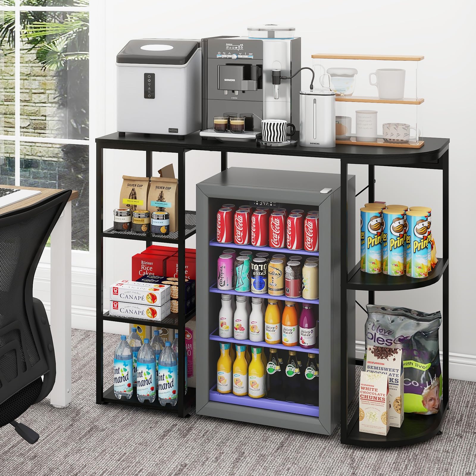 PUNCIA Mini Fridge Cabinet with Power Outlet – Coffee Bar Cabinet with Refrigerator Space and Storage Shelf Beverage Wine Cooler Stand Microwave Oven Rack for Dorm Apartment or Dorm Use