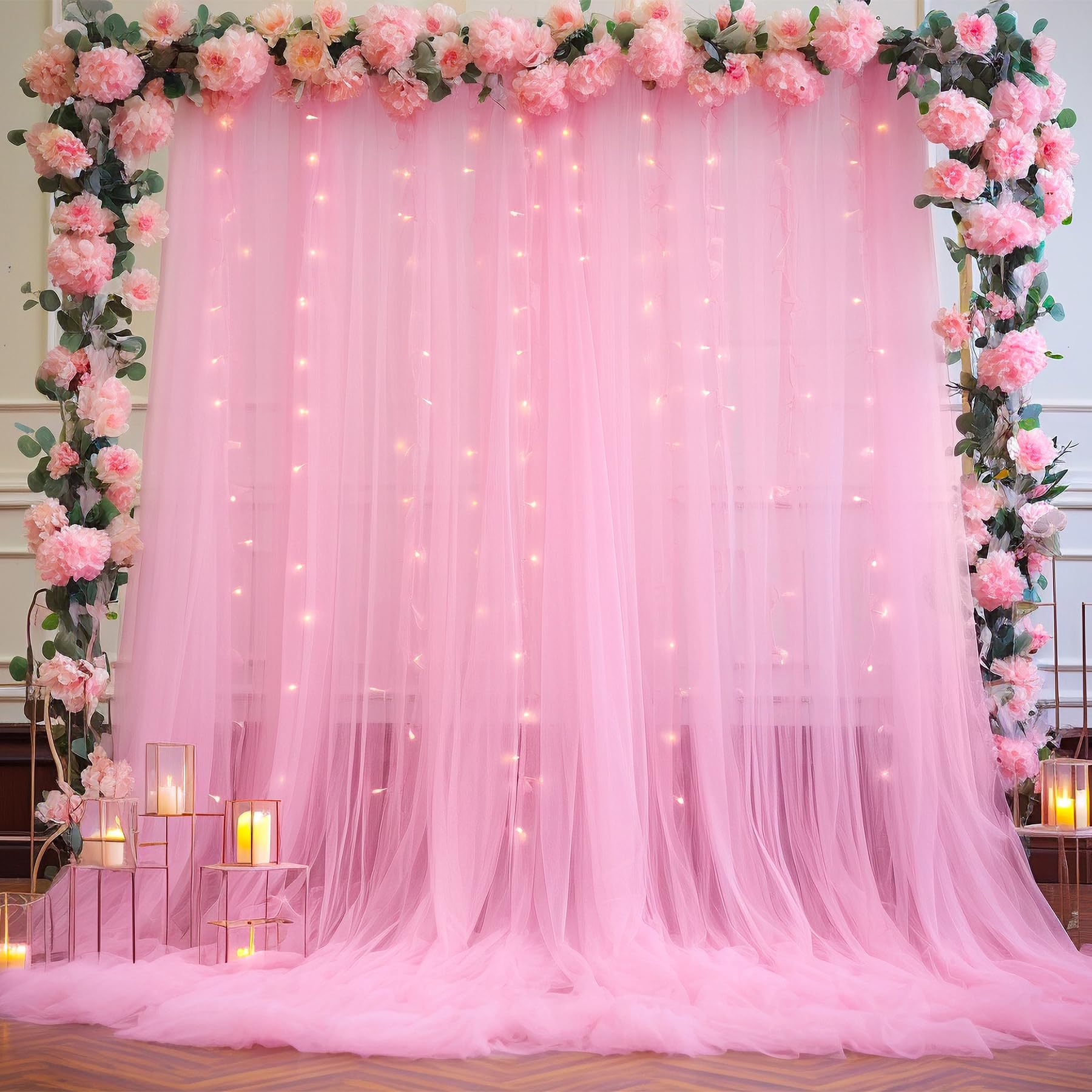 Pink Tulle Backdrop Curtains with Lights String for Parites 10ft×8ft Wrinkle Free Pink Sheer Sparkle Backdrop Curtains for Baby Shower Girls Bridal Shower Birthday Party Photo Shoot Decorations