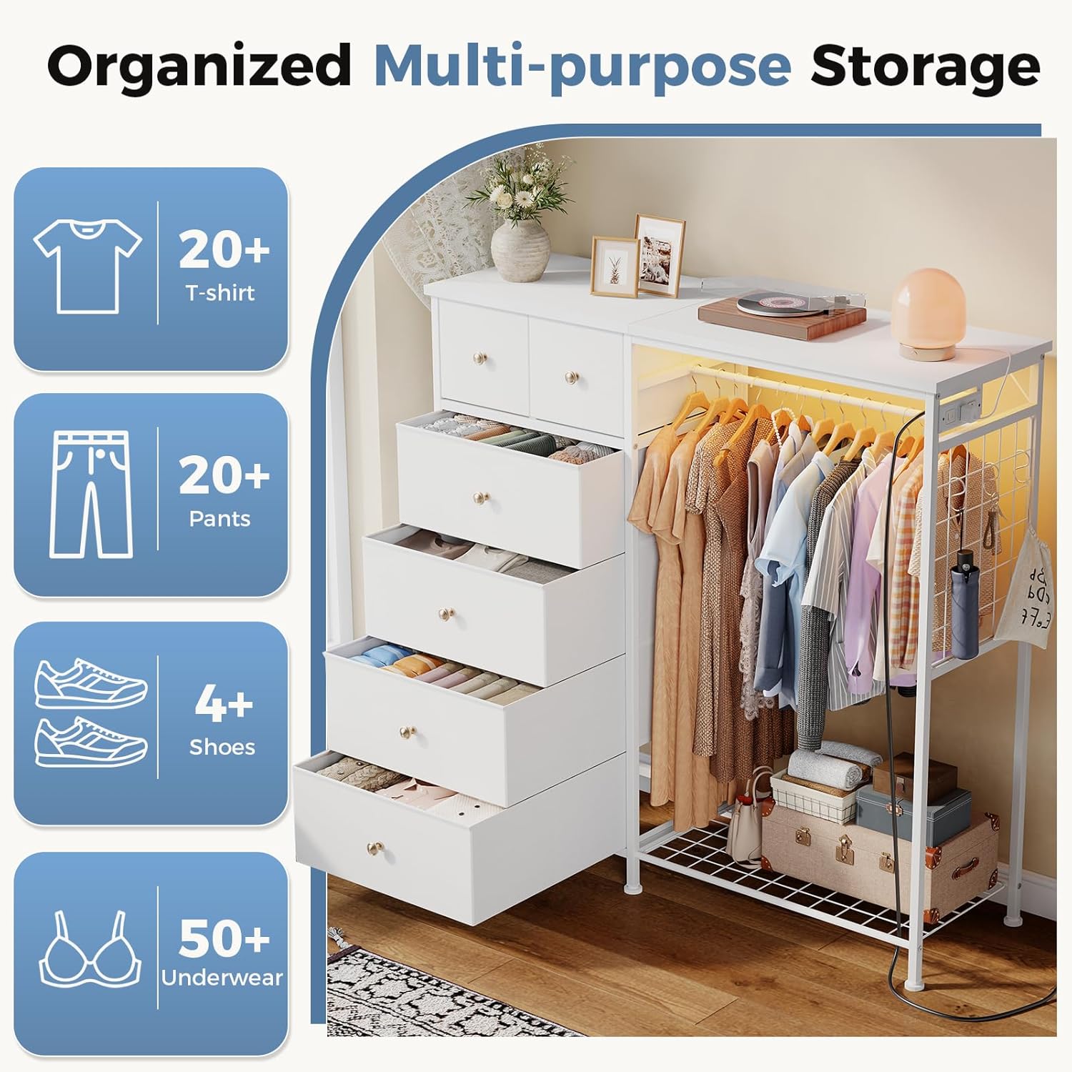 OLIXIS 6 Storage for Bedroom with Hanging Rack with LED Lights & Charging Station, Fabric Chest of Storage with Rack, Wooden Top, for Home Living Room Entryway White