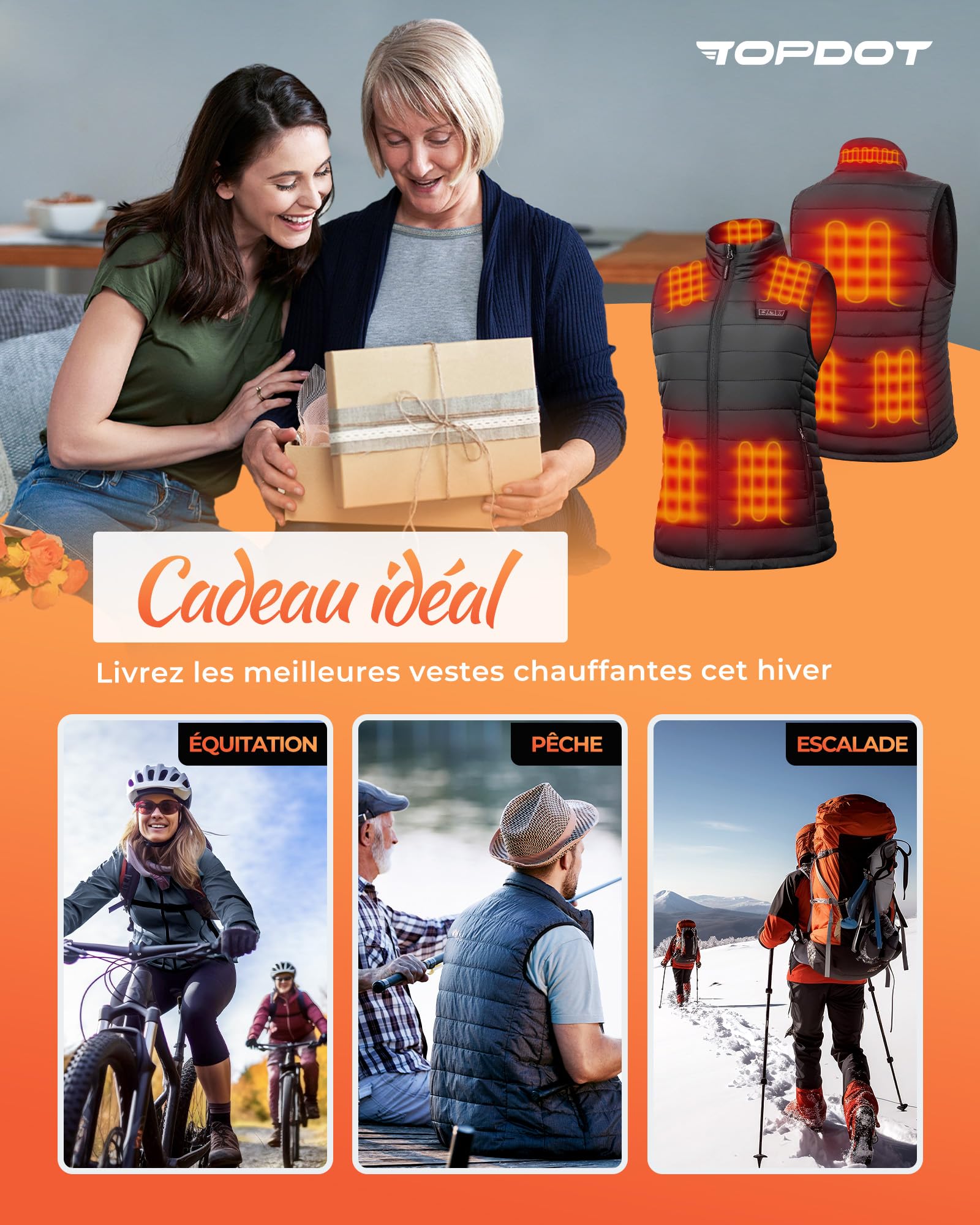 Topdot Gilet Chauffant Femme avec Batterie 7.4V 16000mAh, 10 Zones de Chauffage, Gilet Chauffant à 3 Niveaux de Température, Veste Chauffante pour le vélo, Camping, Travail en Extérieur