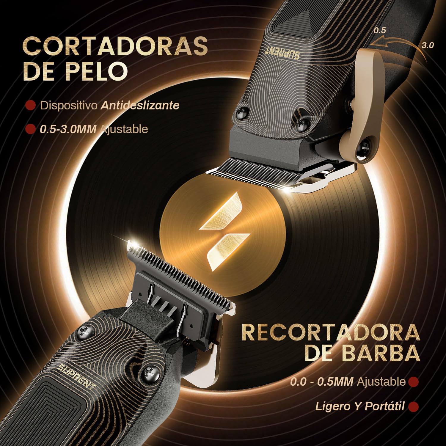 SUPRENT Máquina De Cortar Pelo, Kit Barbero Motor Alta Velocidad 7500 RPM | Inalámbrico, Cuchillas Ajustables, Peines Guía Negros Y Bolsa, Negro Y Dorado