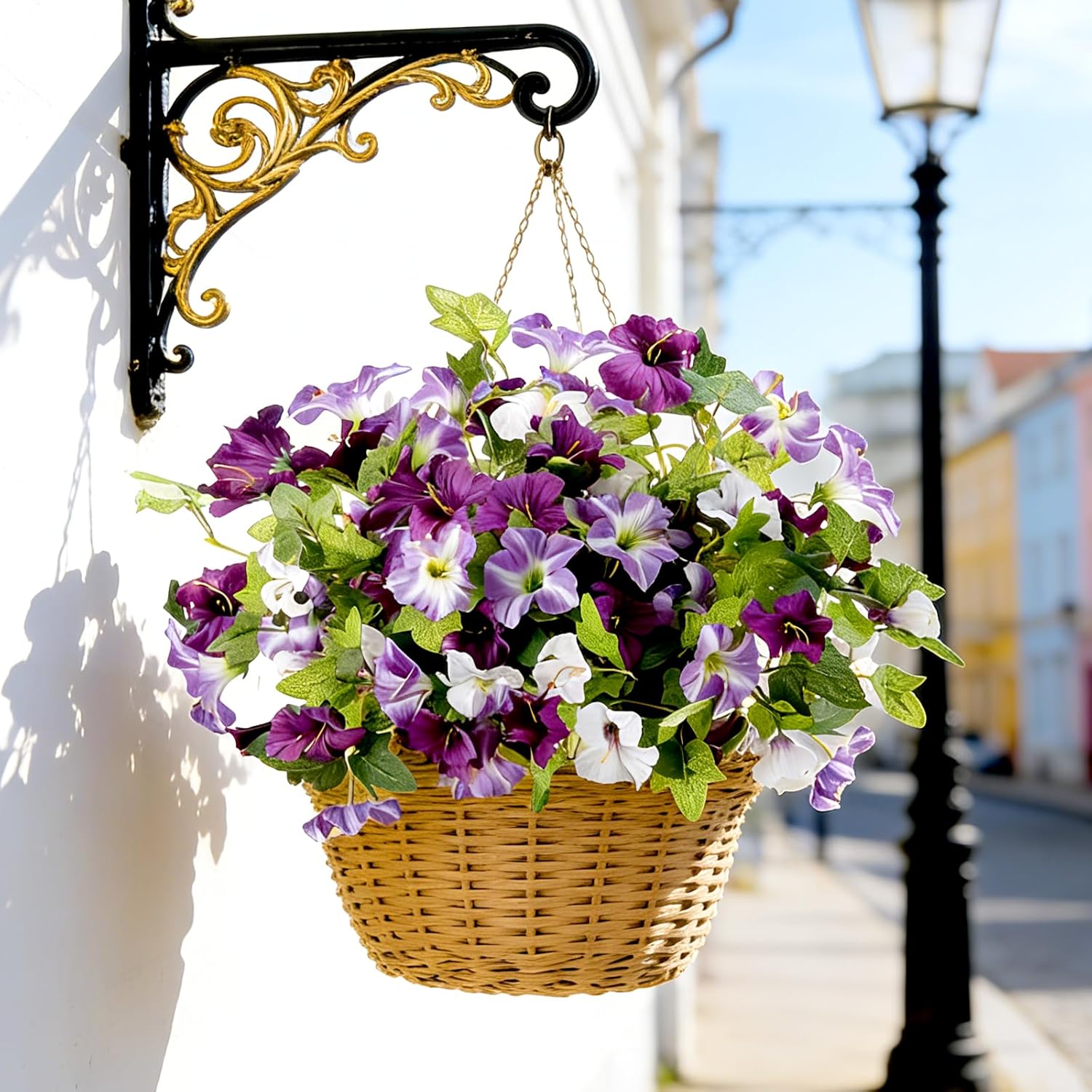 6 Pack Artificial Petunias for Outdoors, 132 Realistic Purple Fake Petunias, UV Resistant No Fade Faux Outdoor Petunias for Hanging Baskets, Garden and Porch Decor