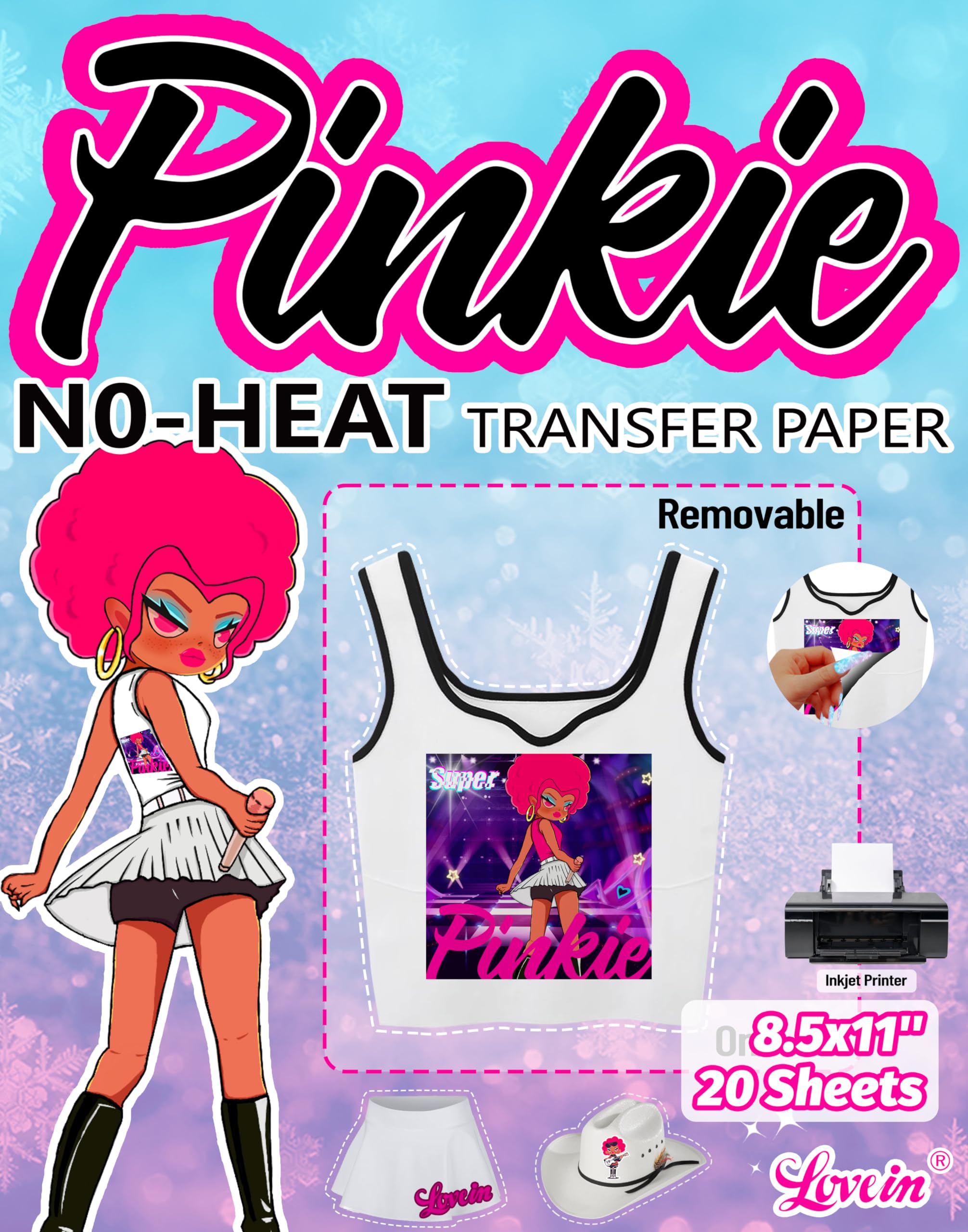 Pinkie No Wärmetransferpapier für weiße T-Shirts, 20 Blatt, 21,6 x 27,9 cm, abnehmbares Vinyl-Aufkleberpapier für helle Stoffe, bedruckbar, kein Wärmeübertragung, Vinyl für Tintenstrahldrucker
