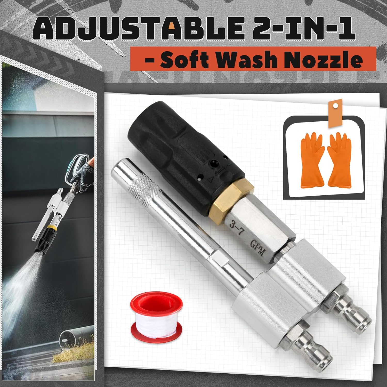 2-in-1 Downstream Soft Wash Nozzle, Adjustable Shooter Tip M5 Twist Nozzle, 0-60° Spray Pattern with 1/4" Quick Connect for 3-7 GPM 1700-6000 PSI Pressure Washer