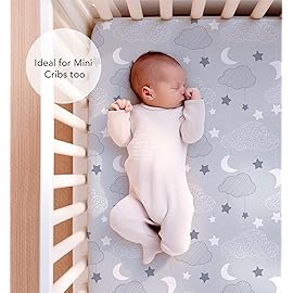 100% Organic Cotton Fitted Mattress Sheets for Graco Pack n Play, Babyletto, Pamo Babe, Dream on Me, Evenflo, Baby Trend Portable/Mini Crib/Playards, and Beka Bedside Bassinet 2 Pk Space & Sky