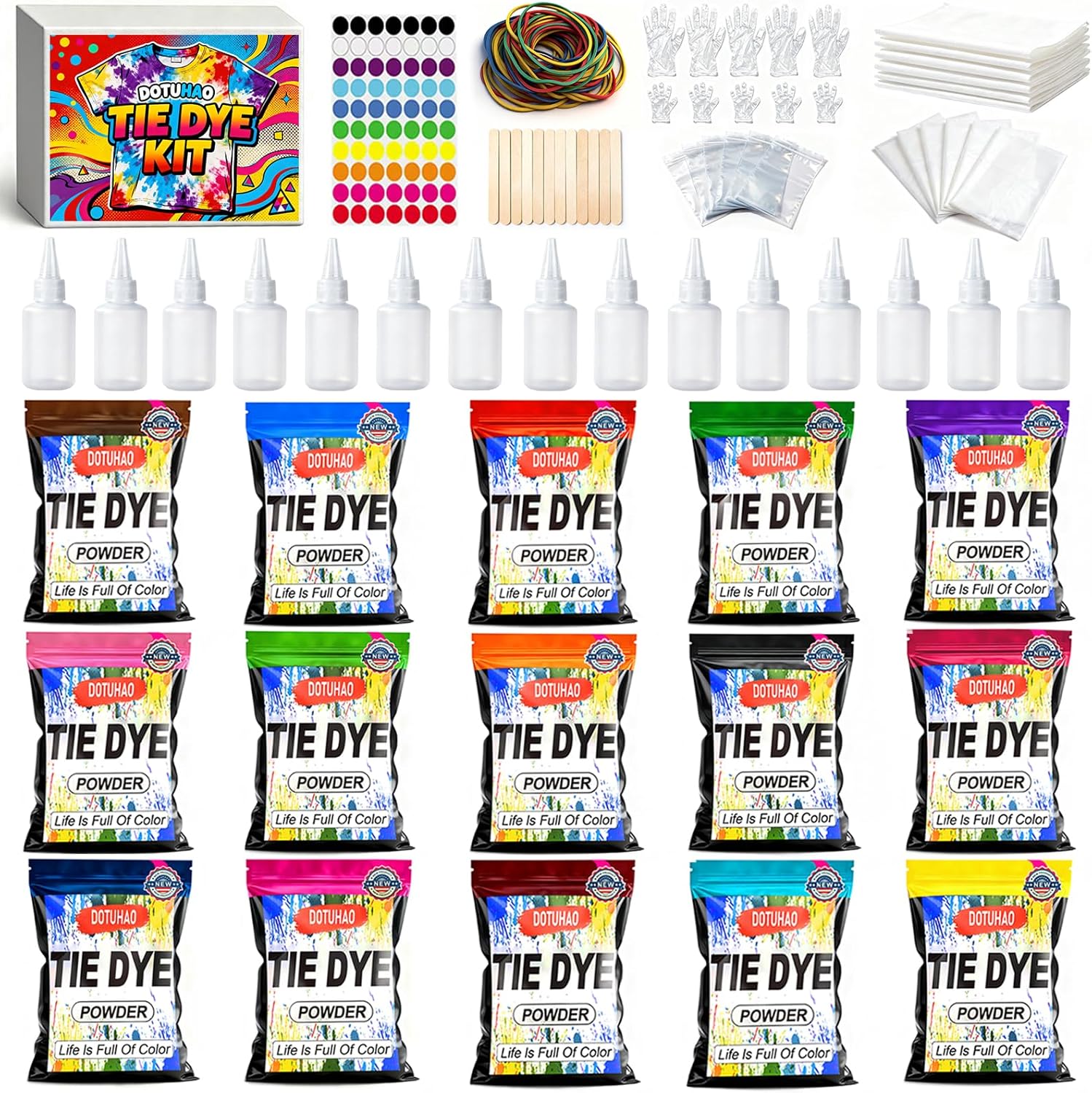 15 Colors Tie Dye Powder Kit, Permanent & Washfast Powder Fabric Dyes, Tie Dye Set for Home, Creative Dyes for Clothes, Easy DIY Fabric Art, Just Add Water (15 Colors)