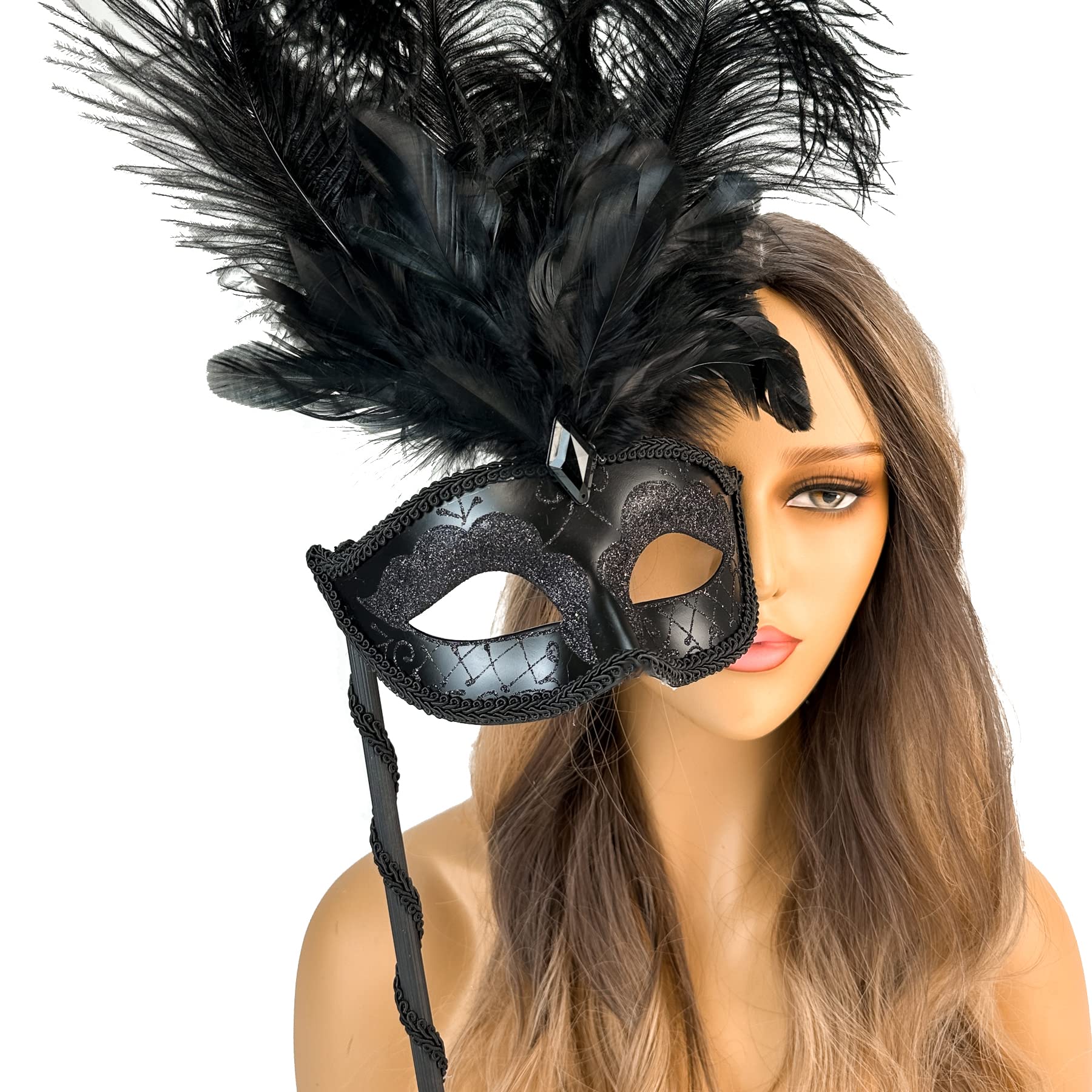 Venetian Masquerade Mask with Holding Stick for Women Feather Mardi Gras Masks Masquerade Ball Masks for Women