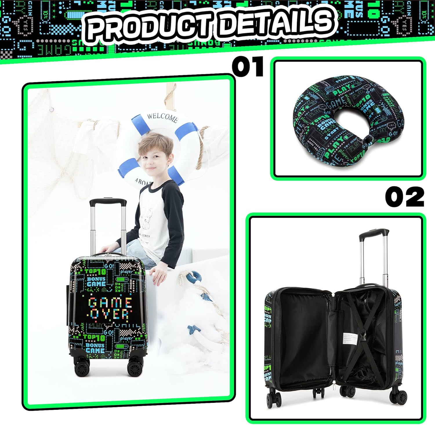 Kids Luggage Set 3 piece Kids Suitcase with Spinner Wheels 16" Childrens Luggage for Boys With Wheels Hard Shell Luggage Sets Airline Approved