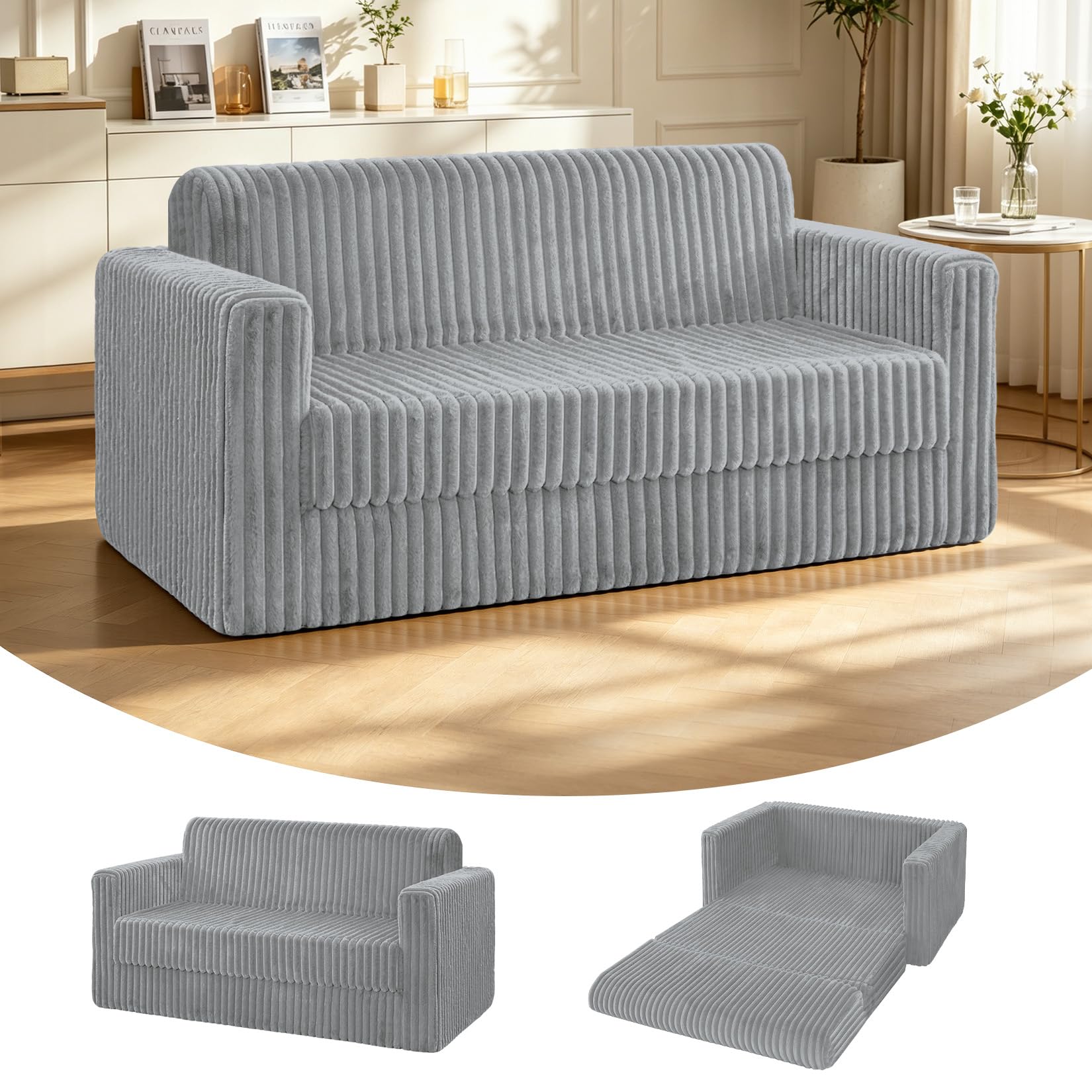 HABUTWAY 49.8" Loveseat Boneless Couch, 4-in-1 Convertible Sofa Bed, Plush Fur Folding Futon Sofa Bed Couches for Living Room, High-Density Foam Support, No Assembly Required, Light Grey