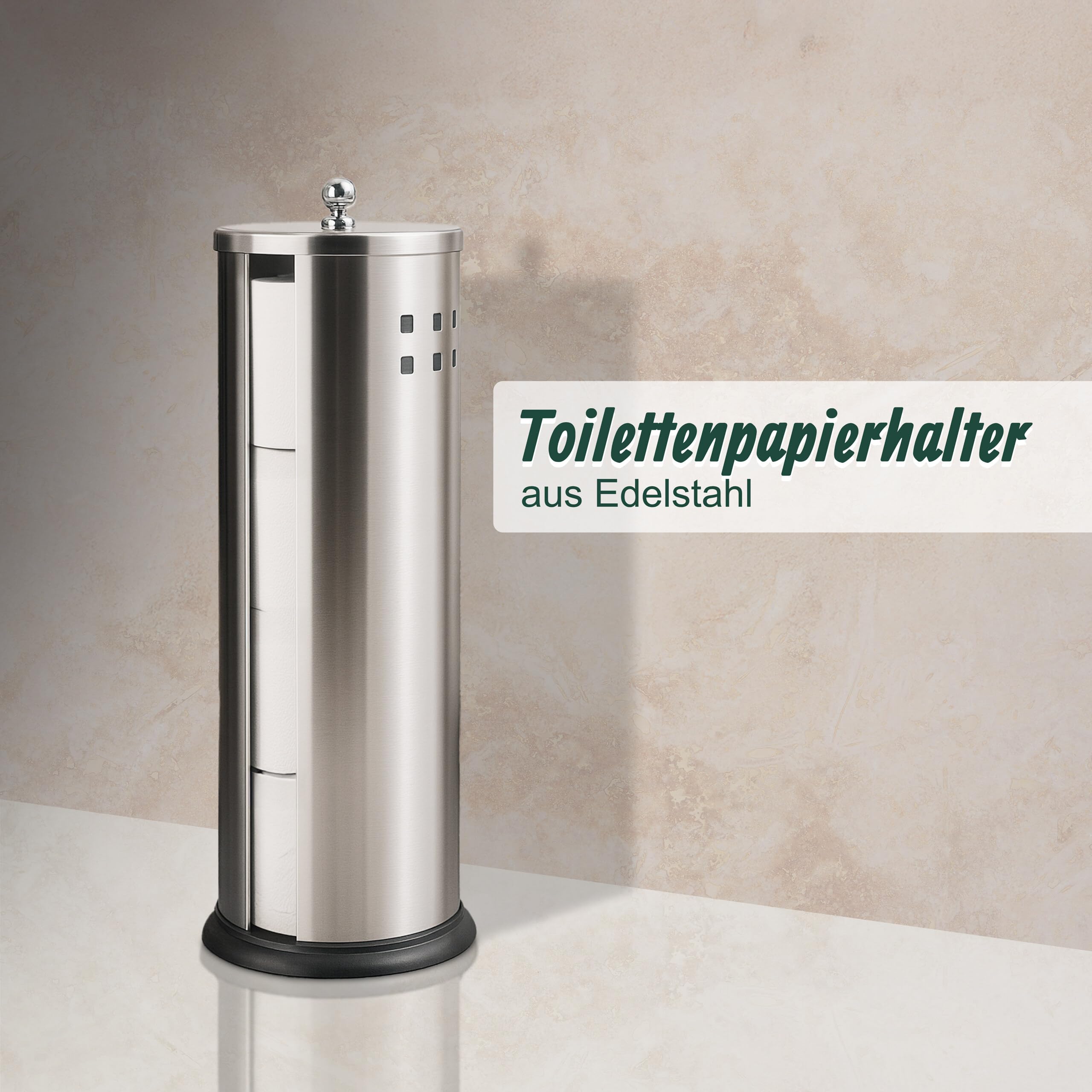 Relaxdays Toilettenpapier Aufbewahrung, 3 Rollen, HxD: 37 x 14,5 cm, Edelstahl, Reserverollenhalter stehend, Silber