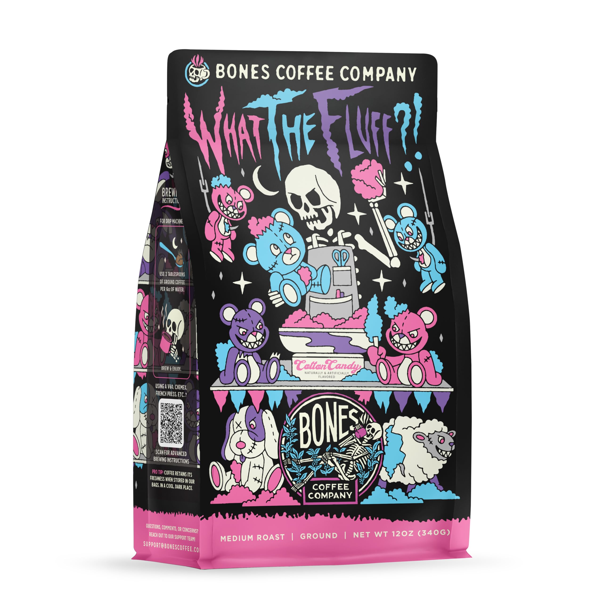 Bones Coffee Company What the Fluff?! Berry Cotton Candy Flavored Coffee, Medium Roast Low Acid Arabica Beans Compatible with Auto drip and French Press Coffee Maker, 12 Oz Ground