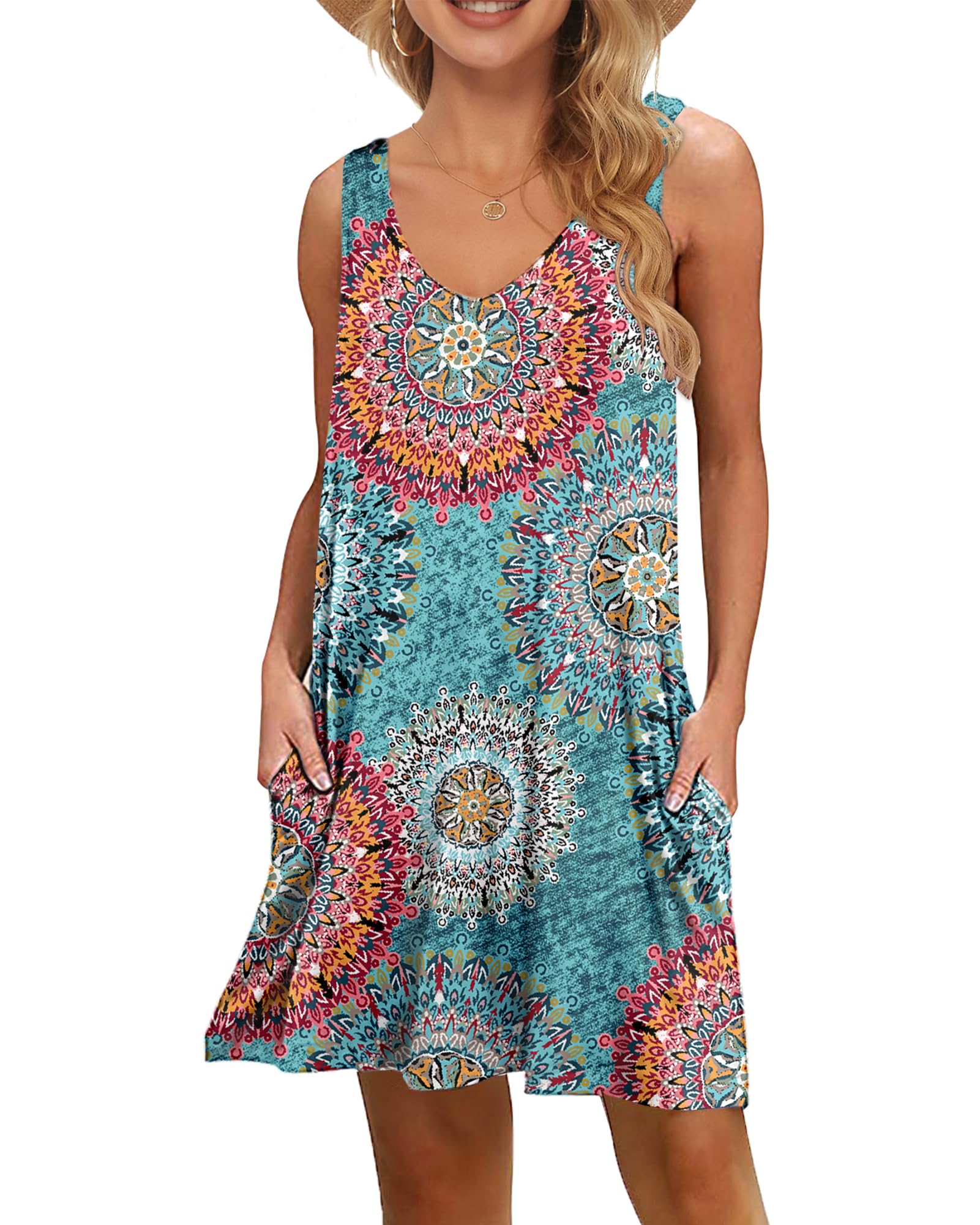 Wneedu Women's Lightweight Summer Dress V-Neck Swing Tank Dress Sleeveless Beach Dress Knee-Length with Pockets