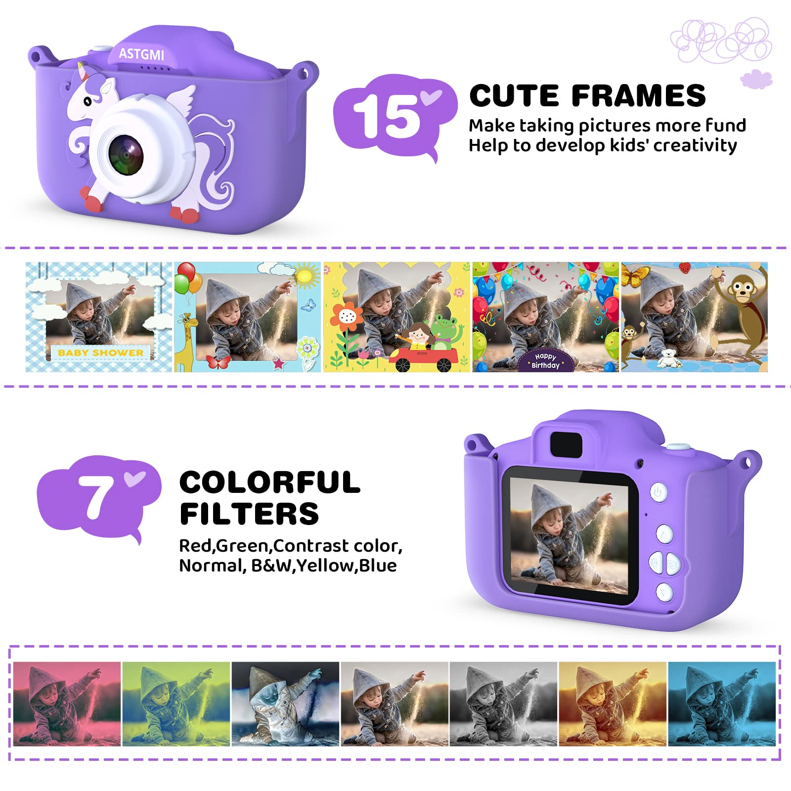 ASTGMI Macchina Fotografica Bambini, 12MP Mini Ricaricabile Fotocamera Digitale Bambina Videocamera Regalo per Ragazze Ragazzi 3-10 Anni, con Scheda 32 GB, Regali Giocattolo di Natale & Compleanno