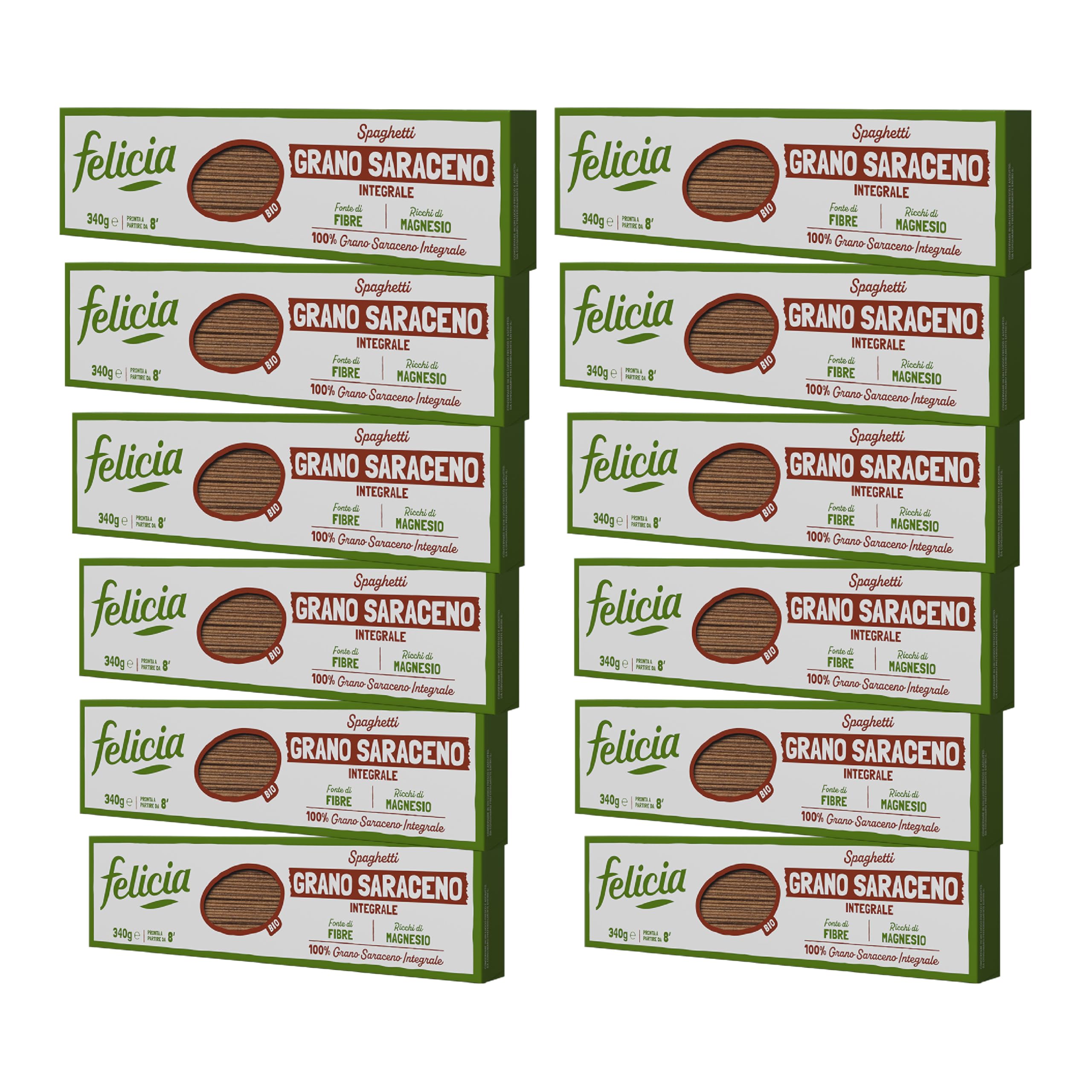 Felicia, Spaghetti di Grano Saraceno Integrale, Ricca di Magnesio, Ricca di Manganese, Fornte di Fibre, Senza Glutine, Bio, Vegan, Gusto Deciso, Box da 12 Confezioni