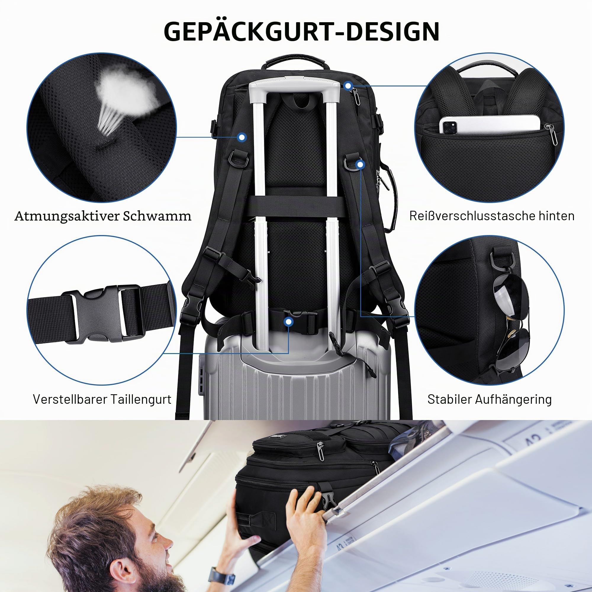 WITZMAN 45L Nylon Reiserucksack Herren 3-in-1 mit Laptopfach | USB-Anschluss, Mehrere Fächer und Flexible Tragemöglichkeiten, Ideal für Reisen und Geschäftsreisen, B688 Schwarz