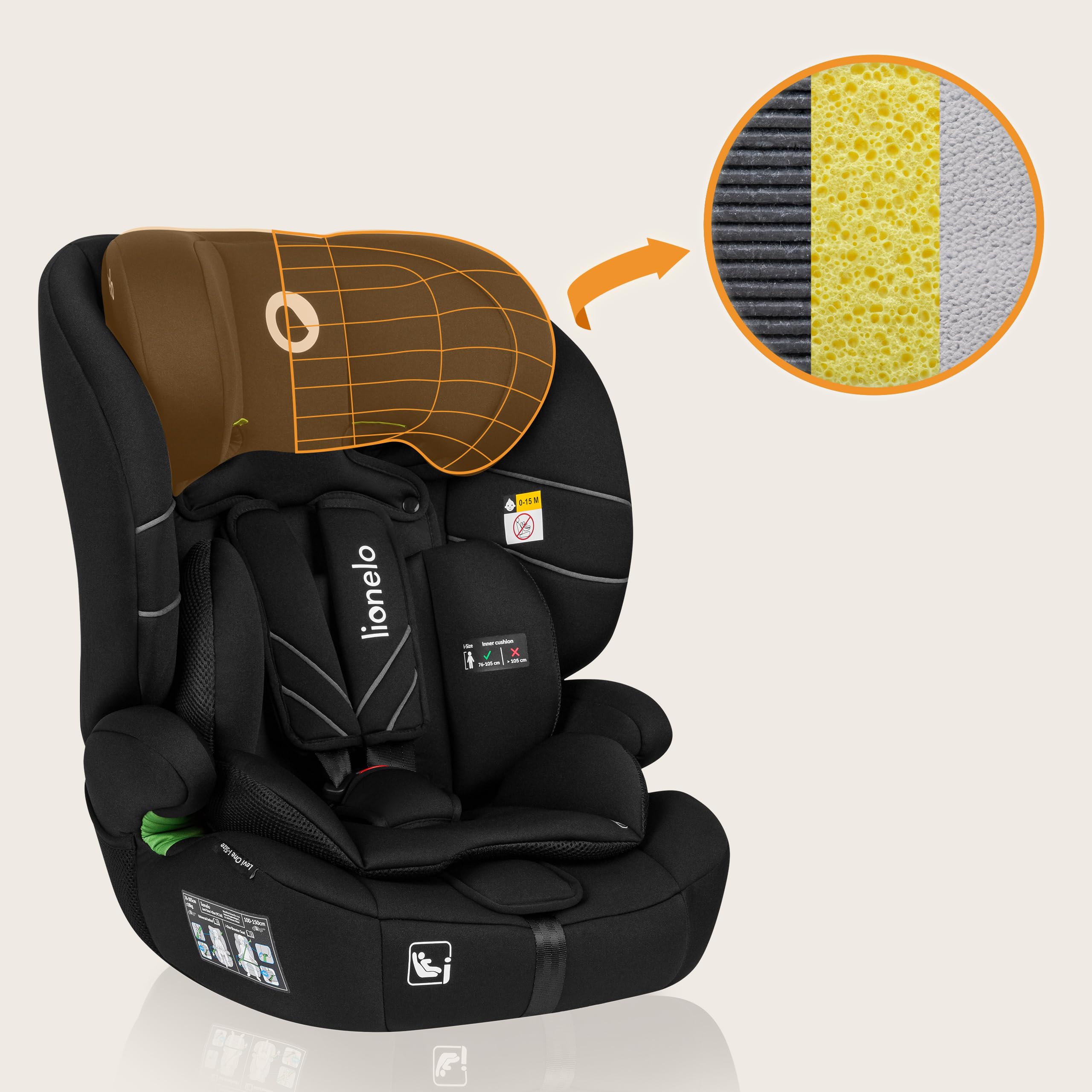 LIONELO LEVI I-SIZE Seggiolino auto per bambini 76-150 cm con l'ultima Norma i-Size R129 Protezione laterale, 10 Livelli di regolazione del poggiatesta, Schienale staccabile