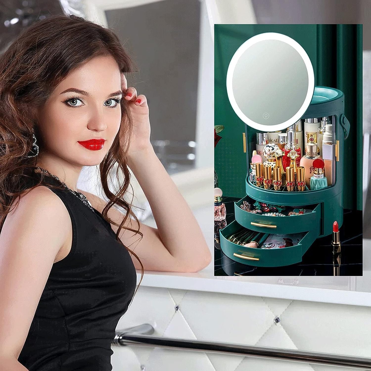 Obrotowy organizer na kosmetyki z obracającymi się o 360 stopni diodami LED Vanity Full Mirror Przenośny stojak na kosmetyki (Color : Ivory White)