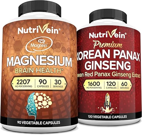 Nutrivein Paquete de suplementos premium de L-treonato de magnesio y panax ginseng: treonato de magnesio de alta absorción y suplemento de ginseng