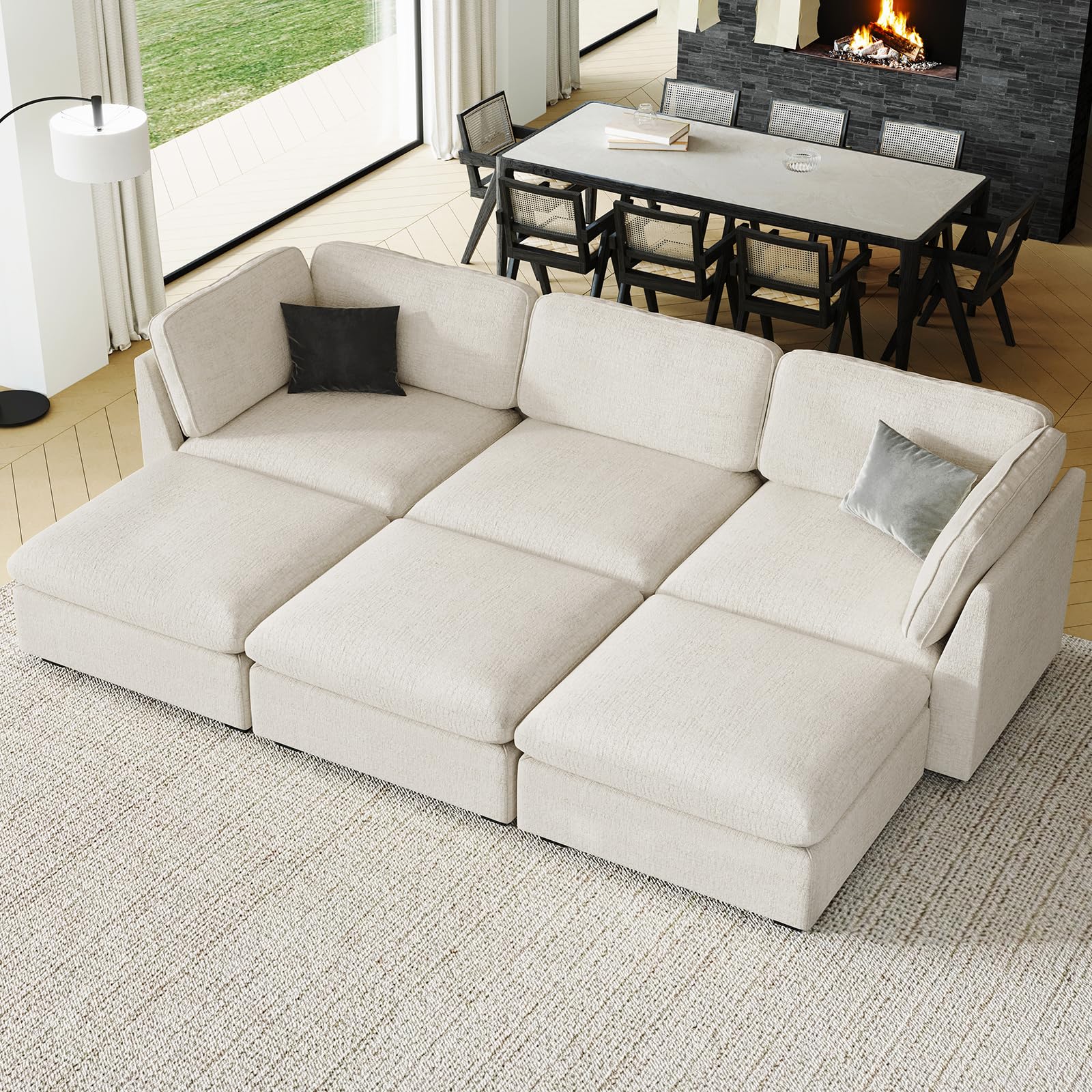Belffin Large Modular Sectional Sleeper Sofa with Storage 6 Seats Sectional Sofa Bed Couch Chenille Cloud Couch for Living Room Beige