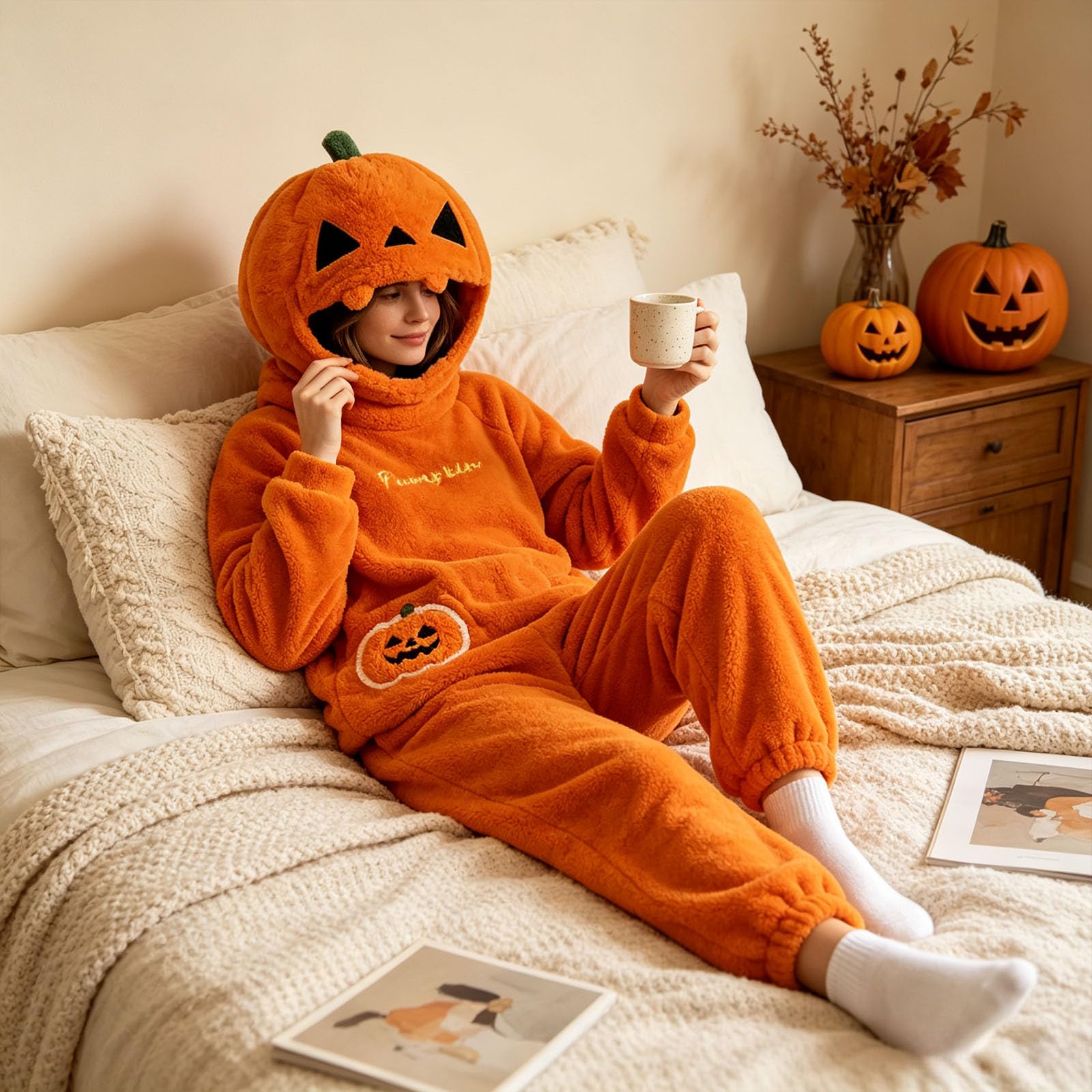 Genérico Mono Pijama de Calabaza Disfraz Halloween Costume Unisex Soft Comfortable Wearable Pijama de Felpa con Capucha para Hombre y Mujer, Ideal para Fiestas Disfrazadas y Noches de Pijamas