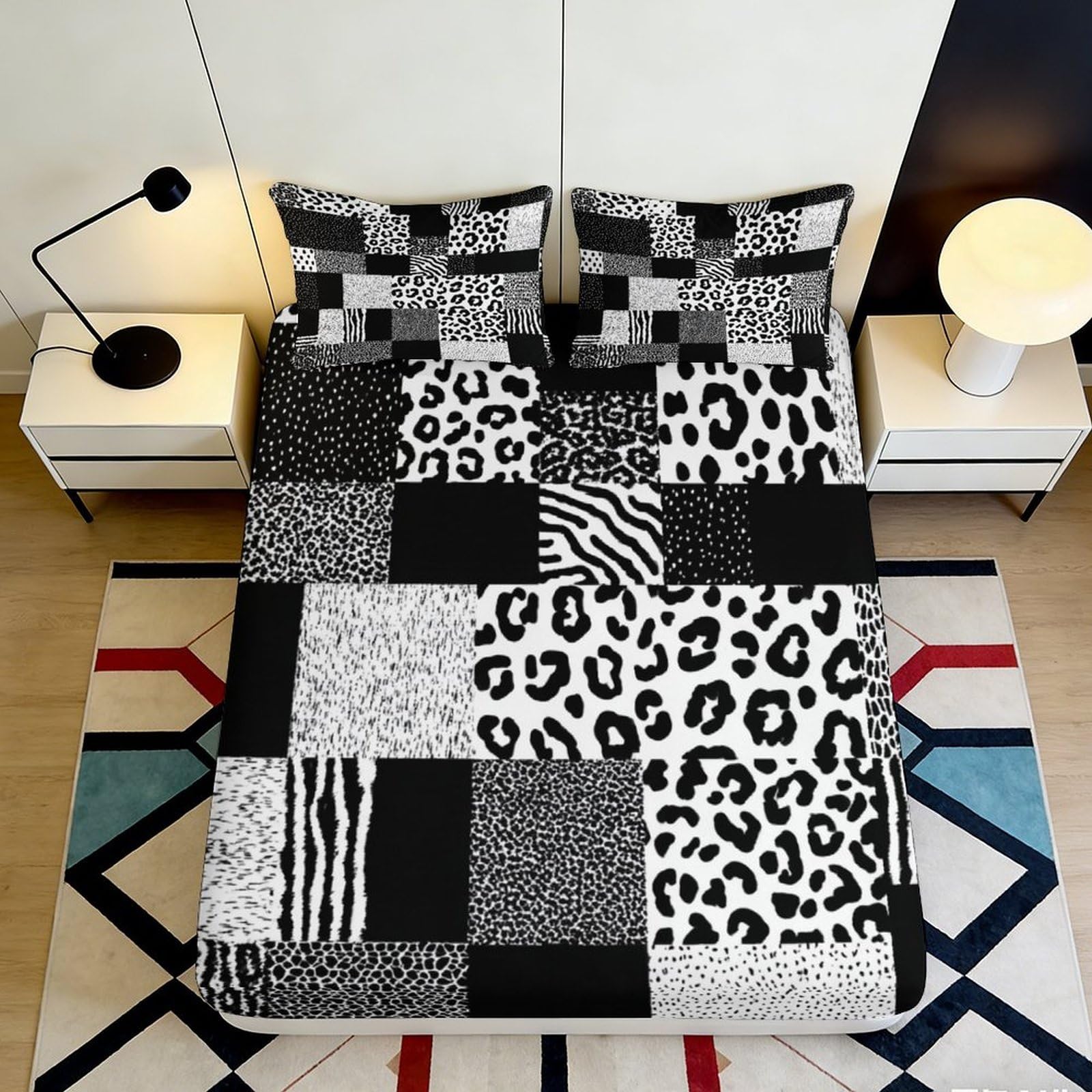 3D Printed Patchwork Animal Fitted Sheet Microfiber Soft Black White Leopard Zebra Bed Cover for Bedroom Dorm 90x200x25cm