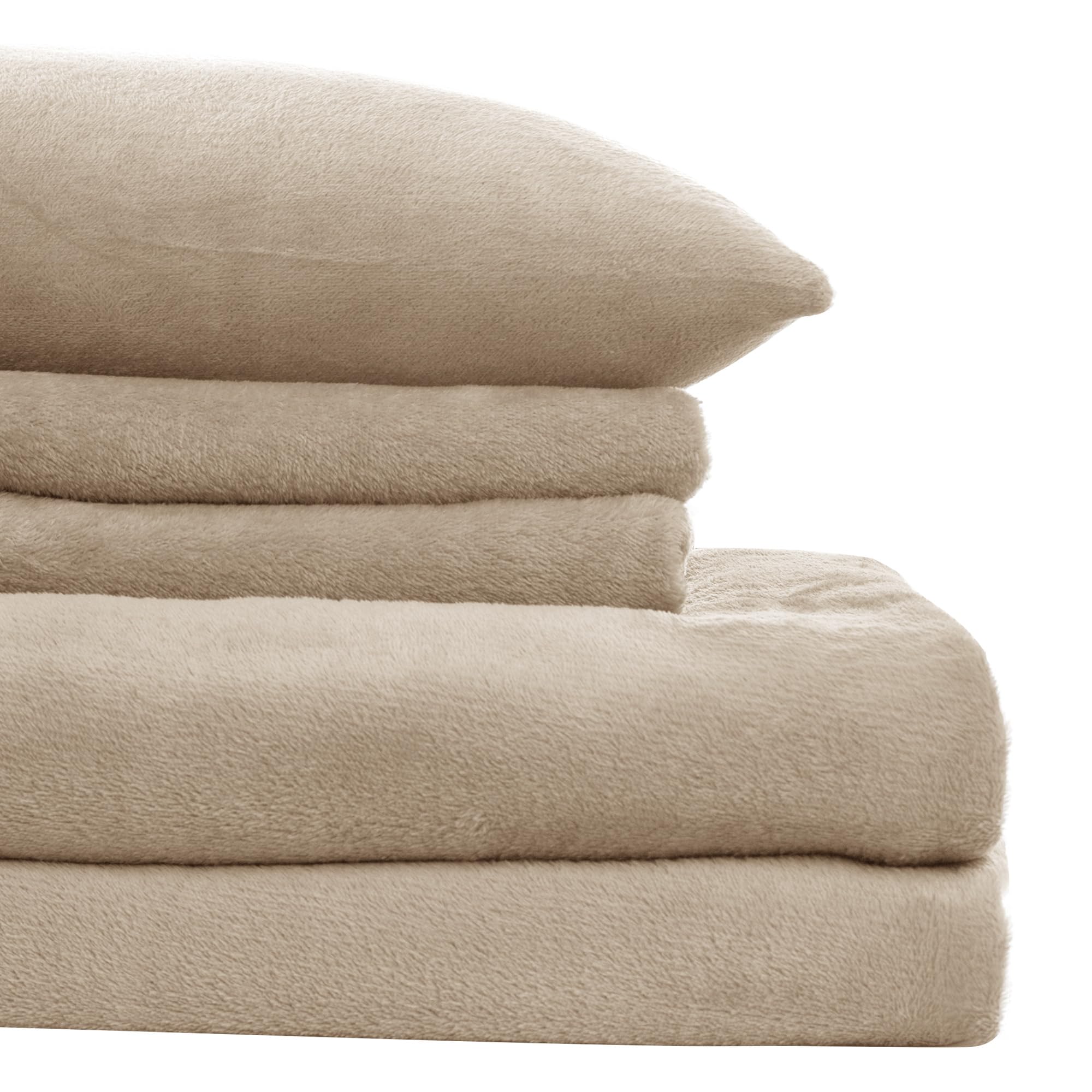 Micro Fleece Bed Sheet Set, Queen 4-Piece Polar Fleece Sheet Set Includes Flat Sheet, Pillowcases and 15" Deep Pocket Fitted Sheet, Velvet Plush Bedding Set, Warm and Soft, SandOEKO-TEX STANDARD 100