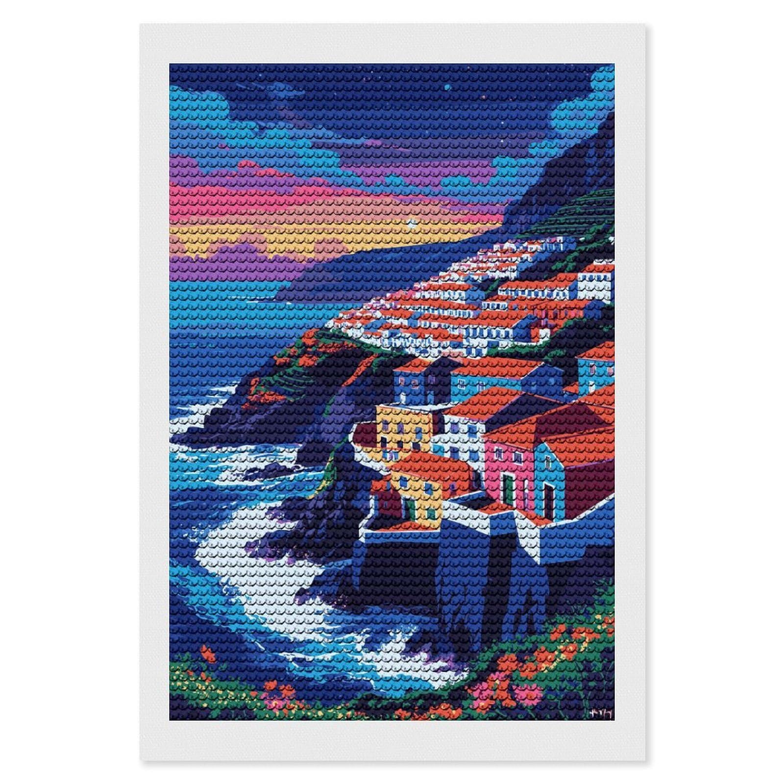 Junmoney Coastal Village at Sunset Illustration Crystal Diamond Art Kit 8"x12", Round Gems, Detailed Printed Canvas, Creative Gift Idea, Vintage Style Decor