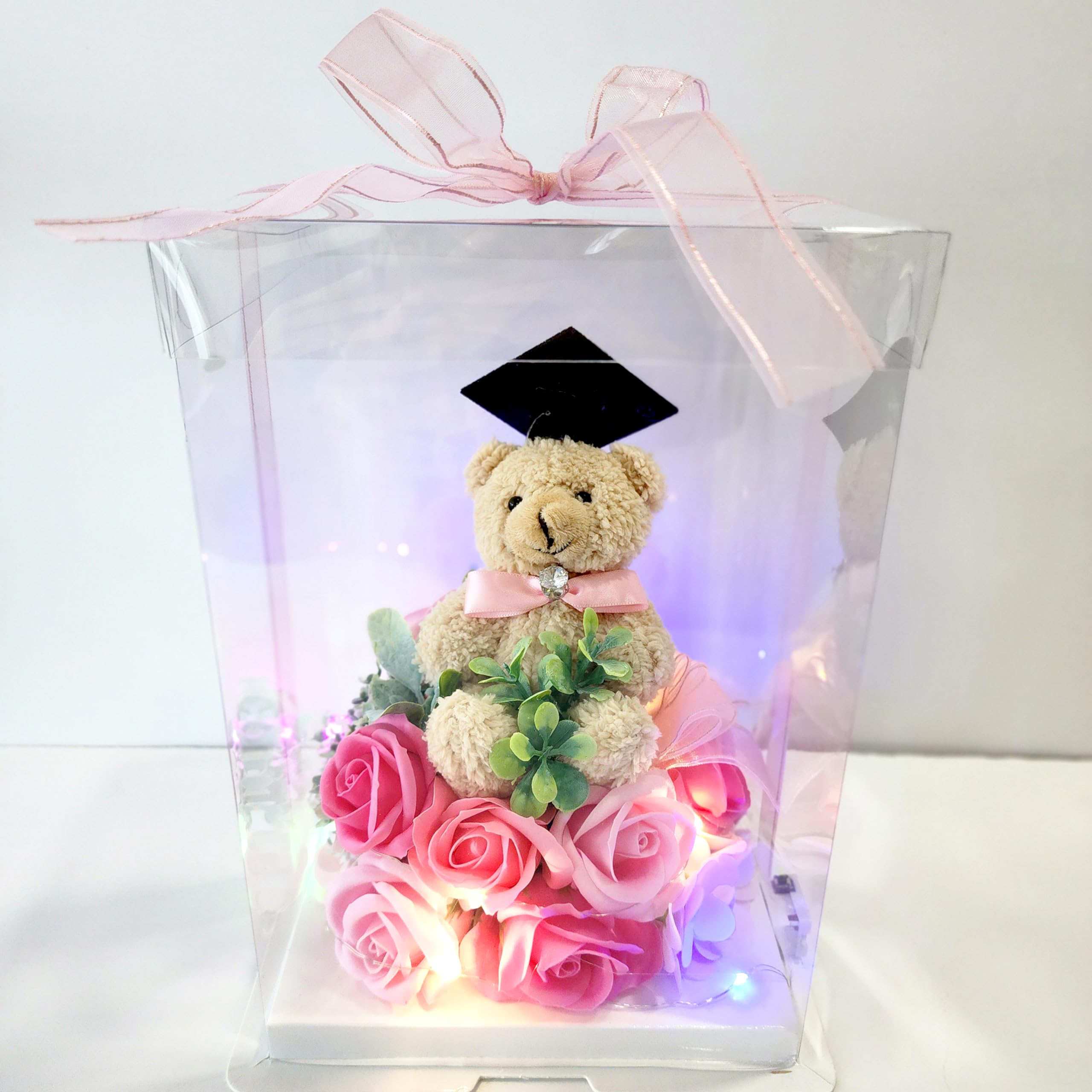 Graduation Bear Gift Set with Light Up Box, Realistic Pink or Red Roses, Keepsake for Elementary, Middle, High School or College Grads 10" (Pink Roses)