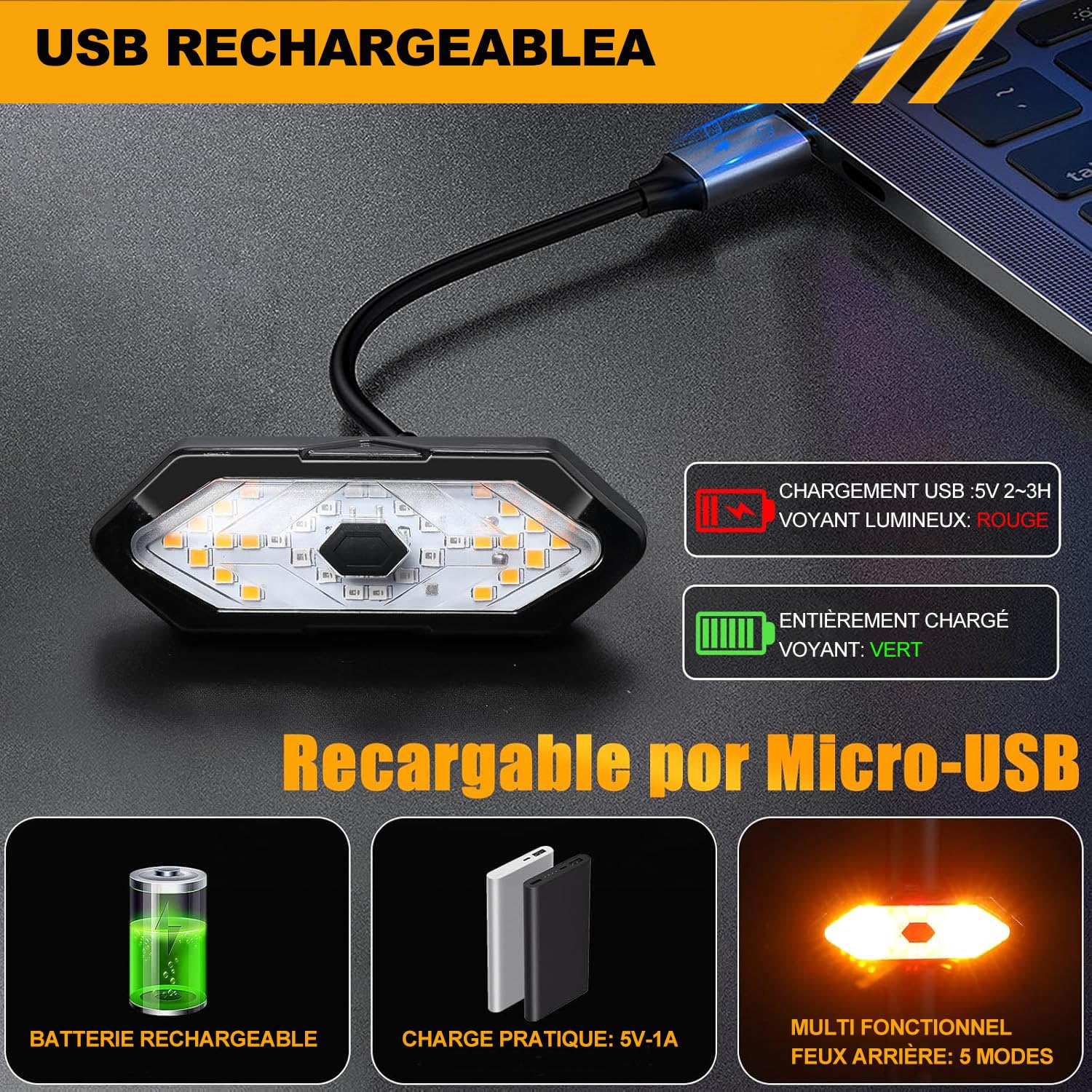 EBUYFIRE Feu Arrière Vélo LED Clignotants Télécommande 5 Modes IPX4 USB Rechargeable Klaxon Montage Universel