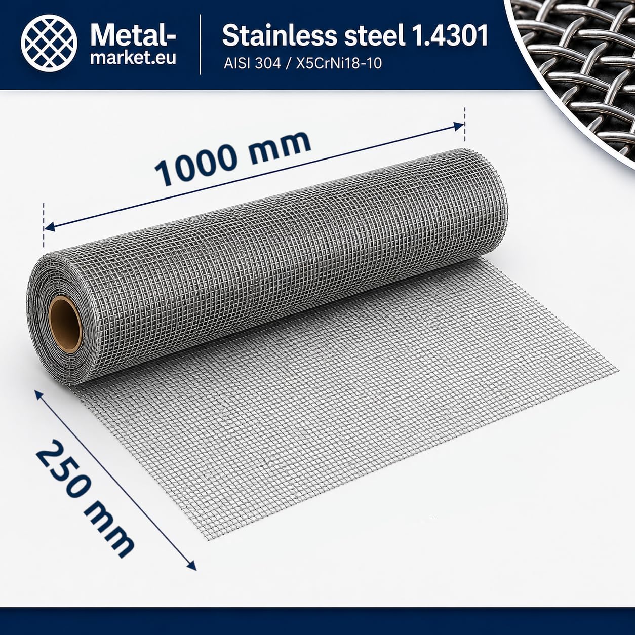 Drahtgewebe Edelstahl, Maschenweite 8 mm, Drahtstärke 1 mm, Siebgewebe, Filtergewebe, V2A 1.4301 Mesh 2,8 Größe 250 x 1000 mm