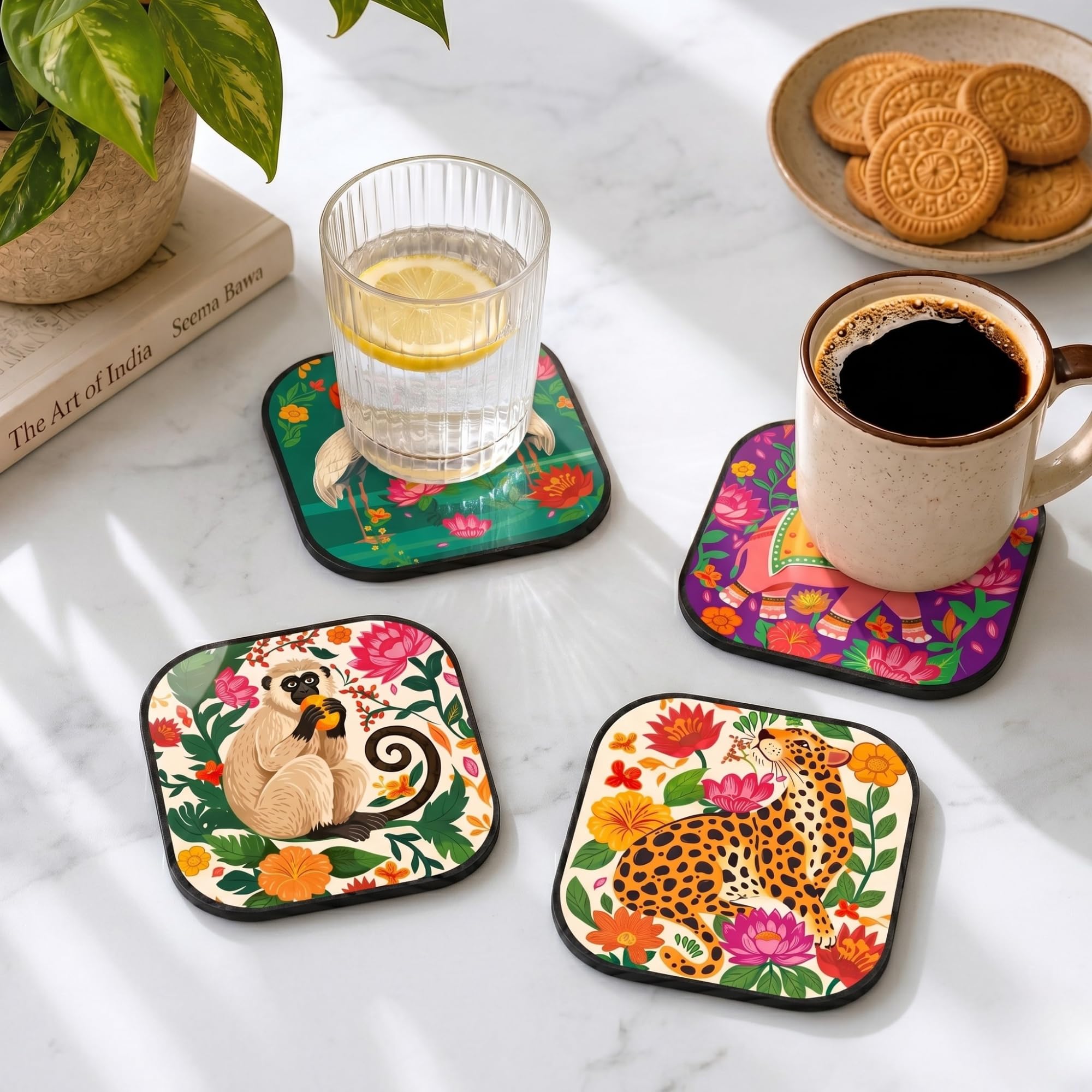 GKD Wooden Premium MDF Coaster Set of 4 with Holder | Ethnic Indian Jungle Art Multicolor Tea & Coffee Coasters for Table | Heat Resistant Waterproof Drink Coasters (10 x 10 cm)-image-12