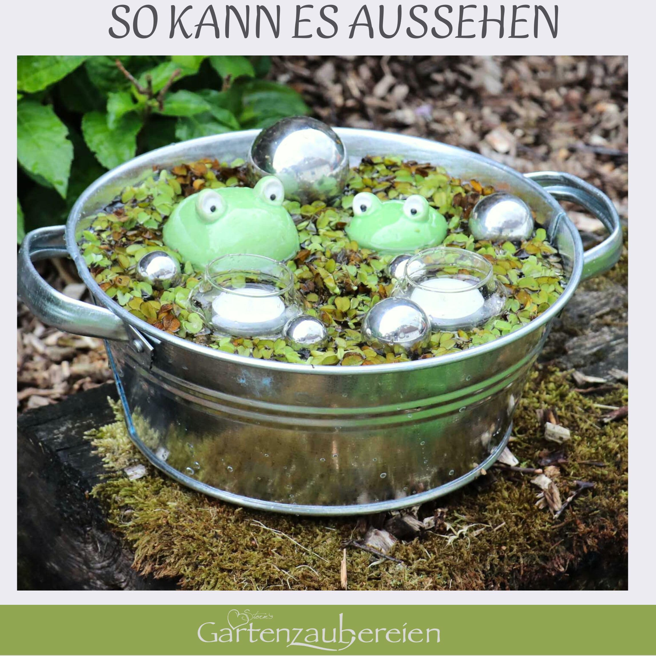 Storm's Gartenzaubereien Schwimmfrösche 2er Set mit Teelichtschalen und silbernen Schwimmkugeln - Teichkugeln Teichdeko