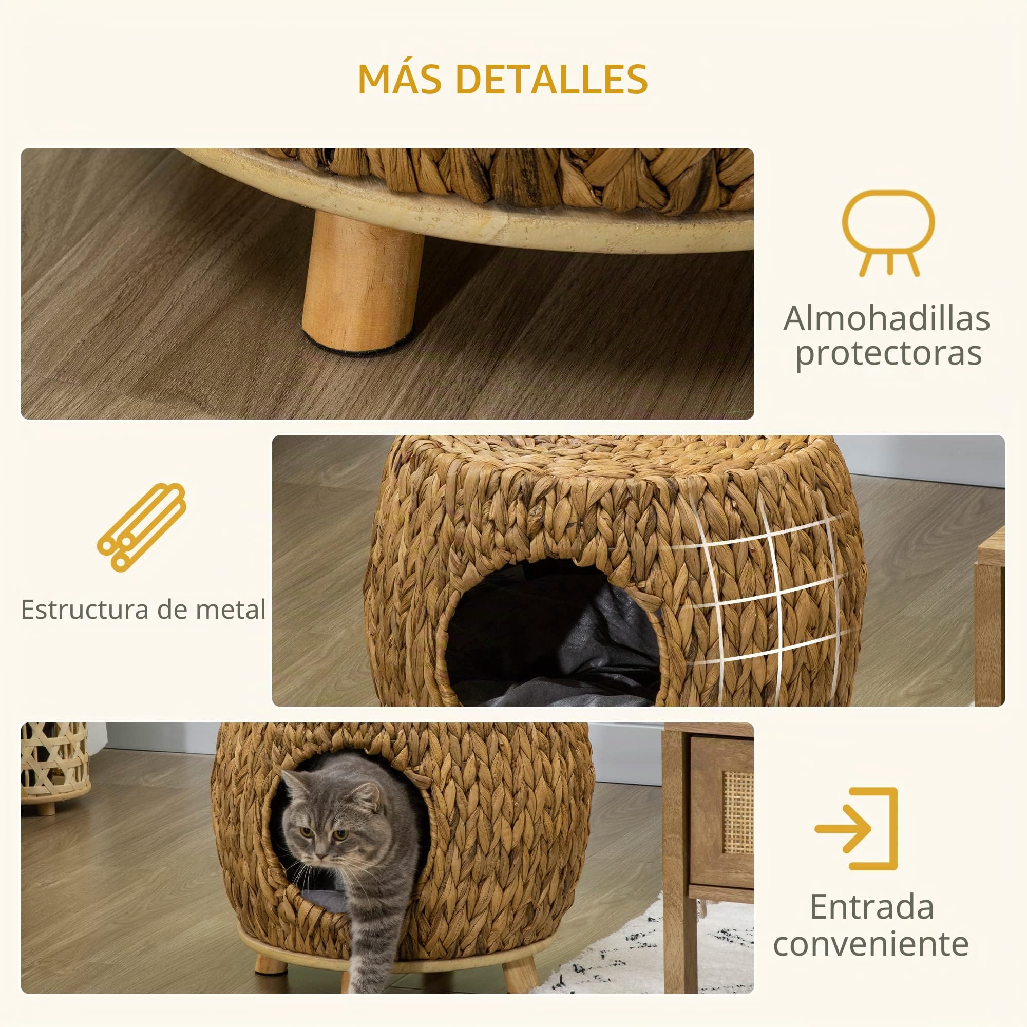 PawHut Taburete de mimbre para la casa del gato, cama de ratán para uso en interiores y exteriores, cama elevada para mascotas con cojín suave lavable 44 x 43 x 41 cm | Cama de ratán para gatito, uso en interiores y exteriores, cojín suave y lavable