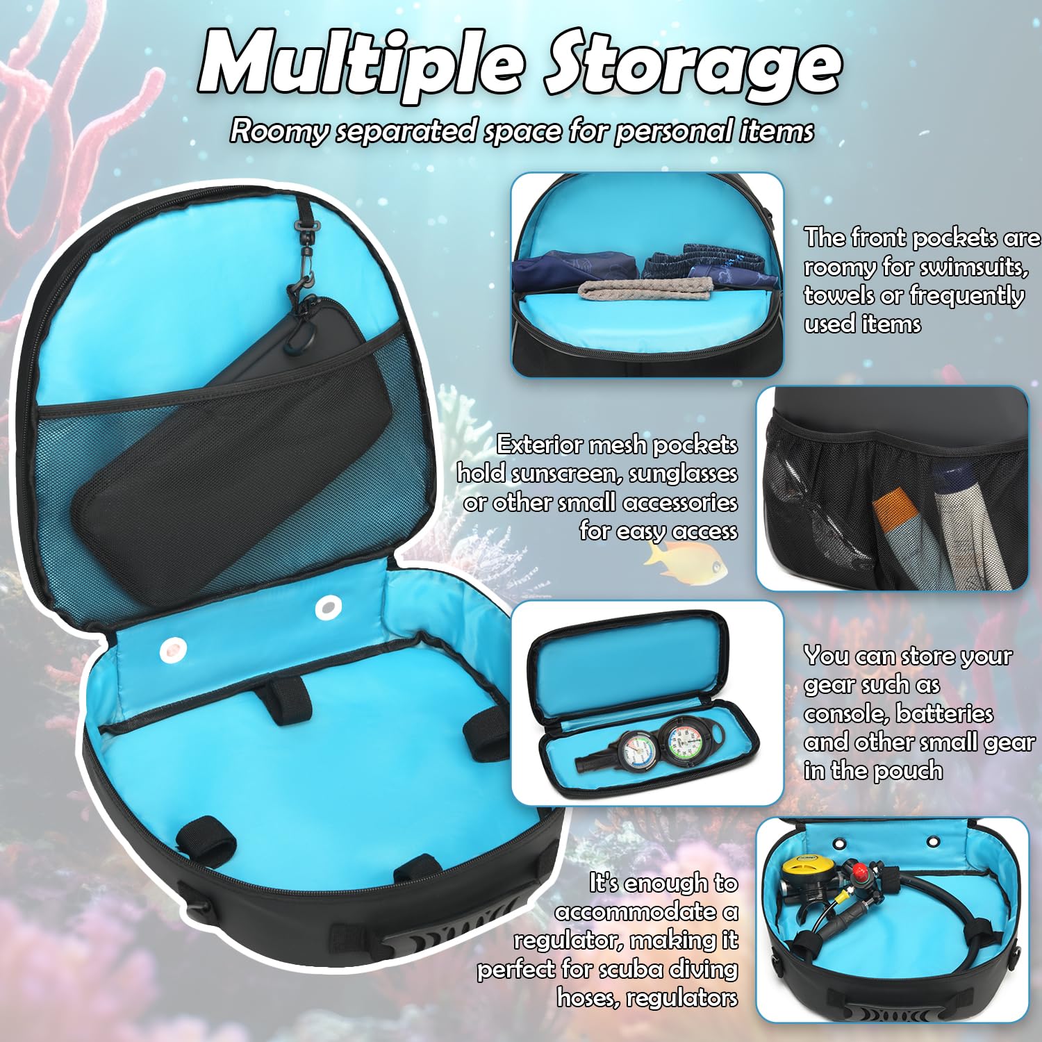 Bolsa táctica para reguladores y reguladores de buceo, bolsa acolchada para esnórquel con correa para el hombro (negro impermeable)
