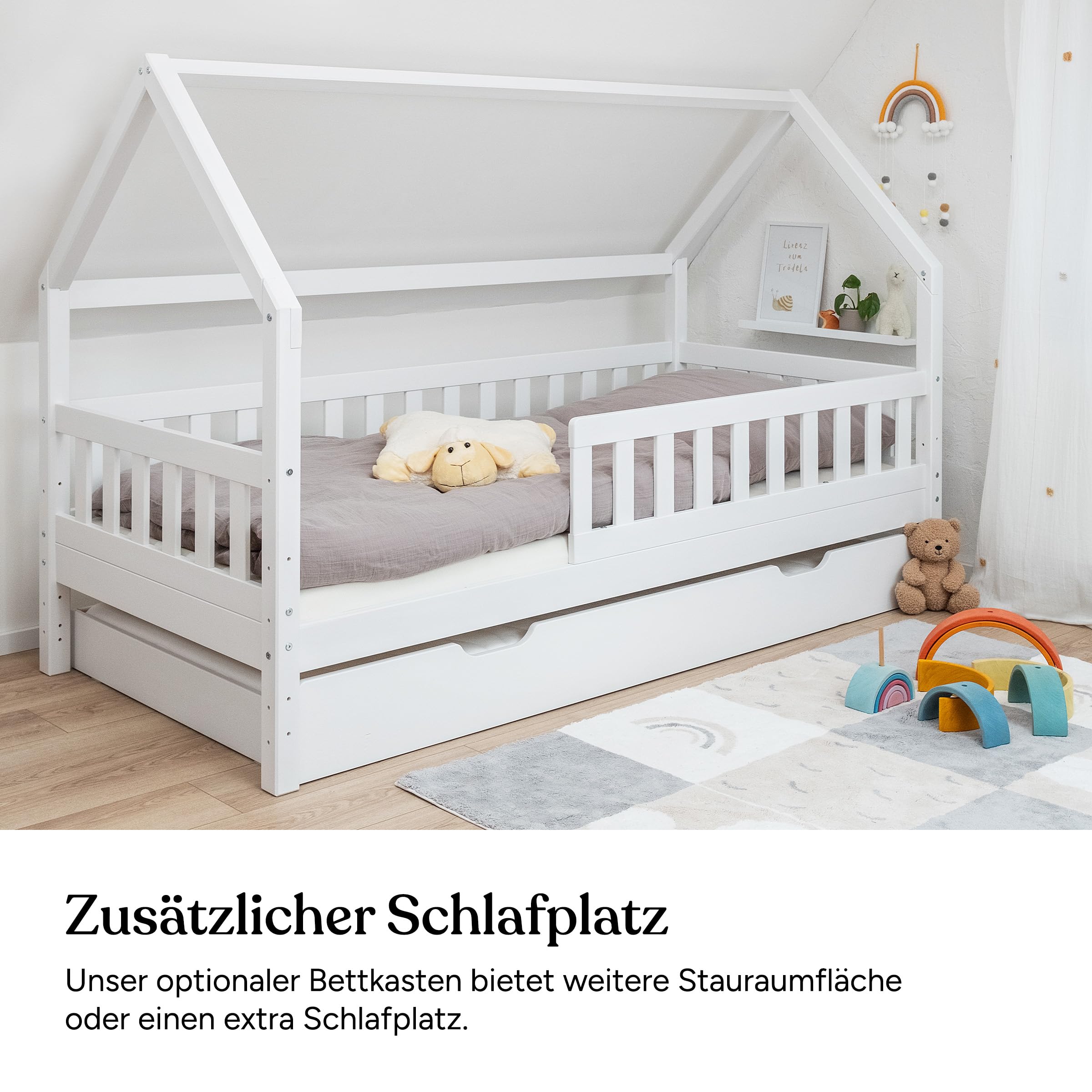 Ehrenkind® Hausbett Lille | Kinderbett mit abnehmbaren Rausfallschutz aus Massivholz FSC® zertifziert inkl. Bettkasten | Hausbett 90x200 | Kinderbett 90x200 Weiß