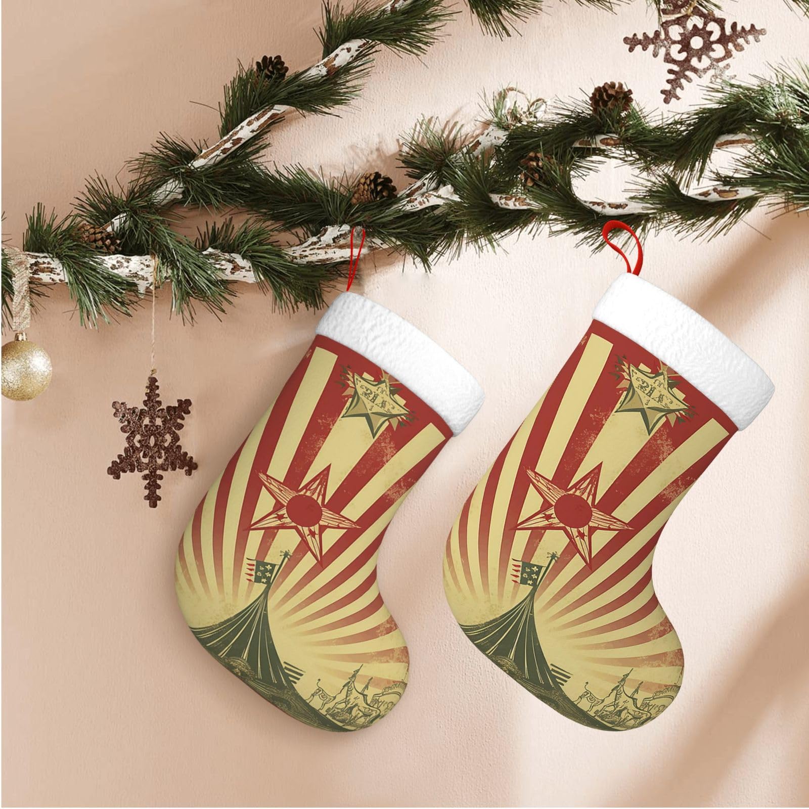 17.7" Christmas Stocking 1 Piece, Vintage Circus Background Xmas Stockings with White Plush Cuff Fireplace Hanging Stocking for Christmas Holiday Party Decoration