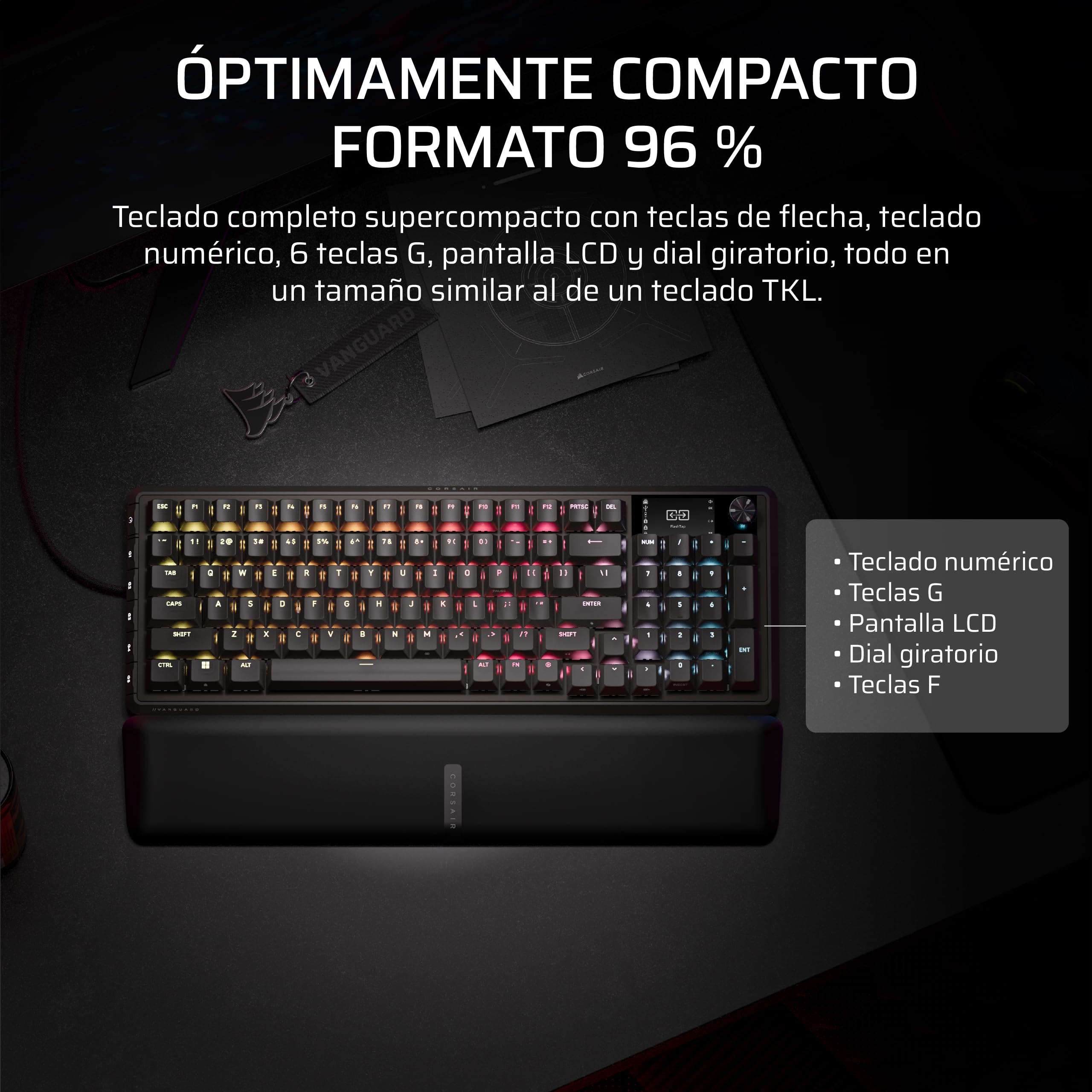 Corsair Vanguard Pro 96 Efecto Hall Teclado con Cable para Juegos - Negro | QWERTY ES, Formato 96%, MGX Hyperdrive Interruptores, 8 000 Hz, Rapid Trigger, Virtual Stream Deck, Flashtap SOCD