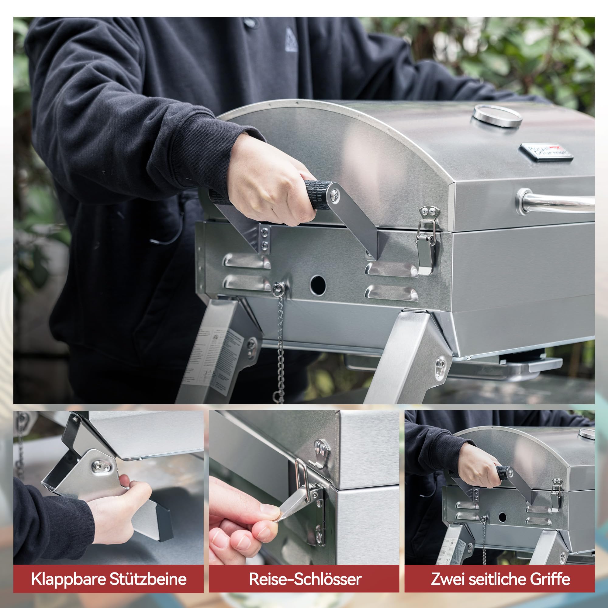 Royal Gourmet Edelstahl Tragbarer Gasgrill, Compact Tischgrill mit Zwei Griffen und Reiseschlössern, Klappbaren Beinen, 3 kW BBQ Campinggrill für Balkon, Picknick Silber