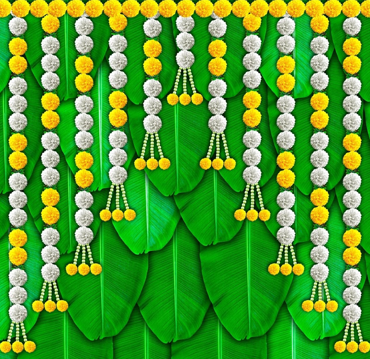 Banana Leaf Decoration for Pooja | Banana Leaf Pooja Backdrop with Yellow and White Hanging Flower Garlands 5x5 feet | Backdrop Cloth for Decoration laxmi Pooja-image-35
