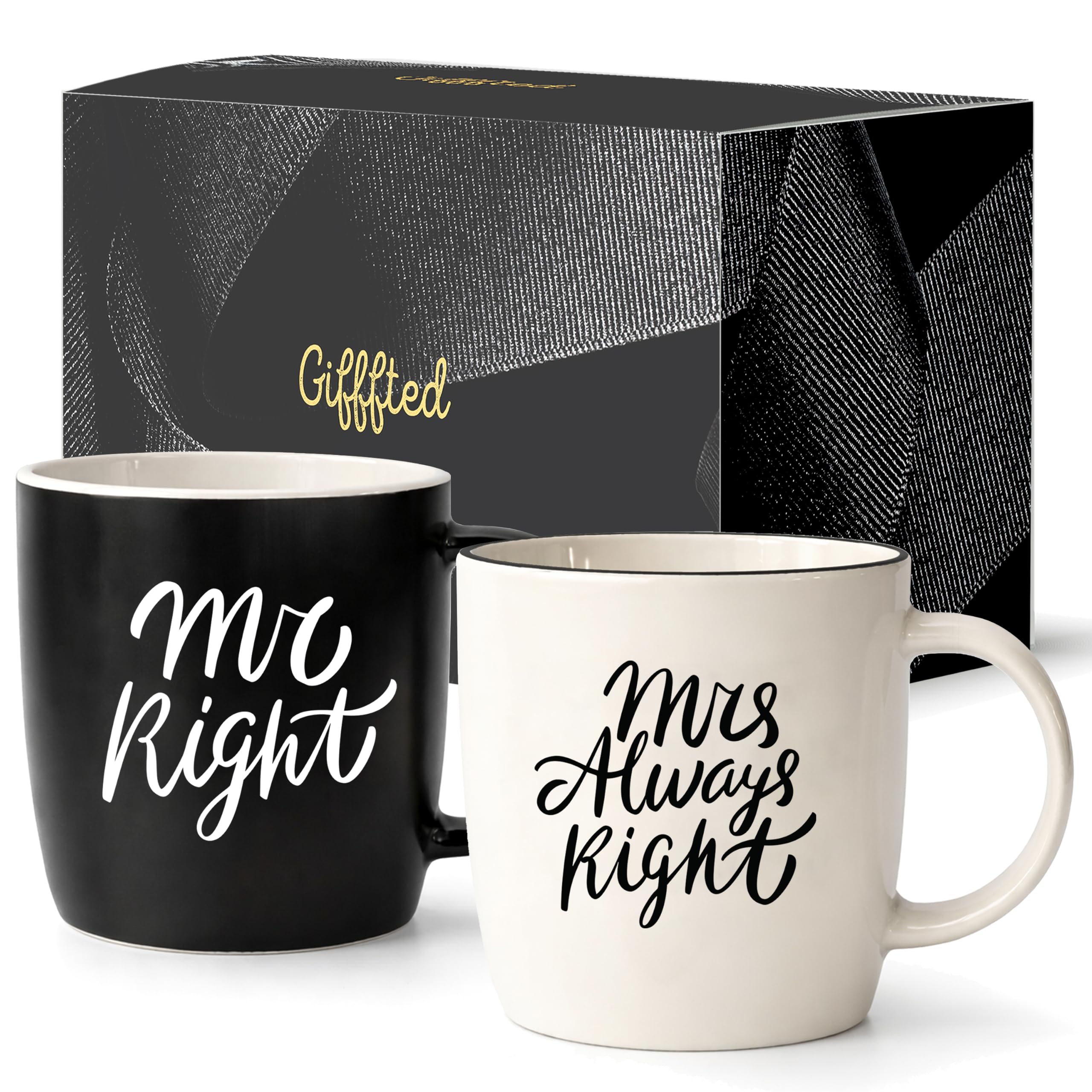 Triple Gifffted Mr Right Mrs Always Right Tasses à café en céramique pour couples, anniversaire de mariage, fiançailles, Noël, lui et elle, mariée et marié, parents, jeunes mariés, fête prénuptiale,