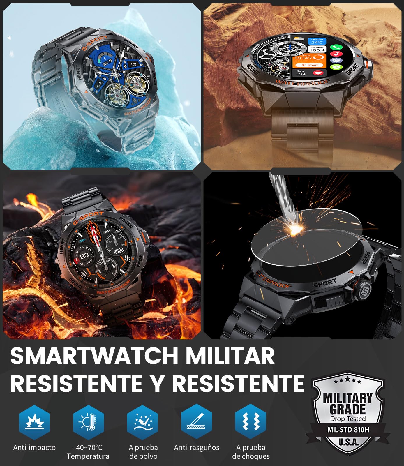 DREMAC Reloj Inteligente Hombre,1.43" AMOLED Smartwatch Militar con Llamadas Bluetooth,IP68 Impermeable, 120+ Modos Deporte,Pulsómetro Presión Arterial Monito de Sueño, Compatible con Android iOS