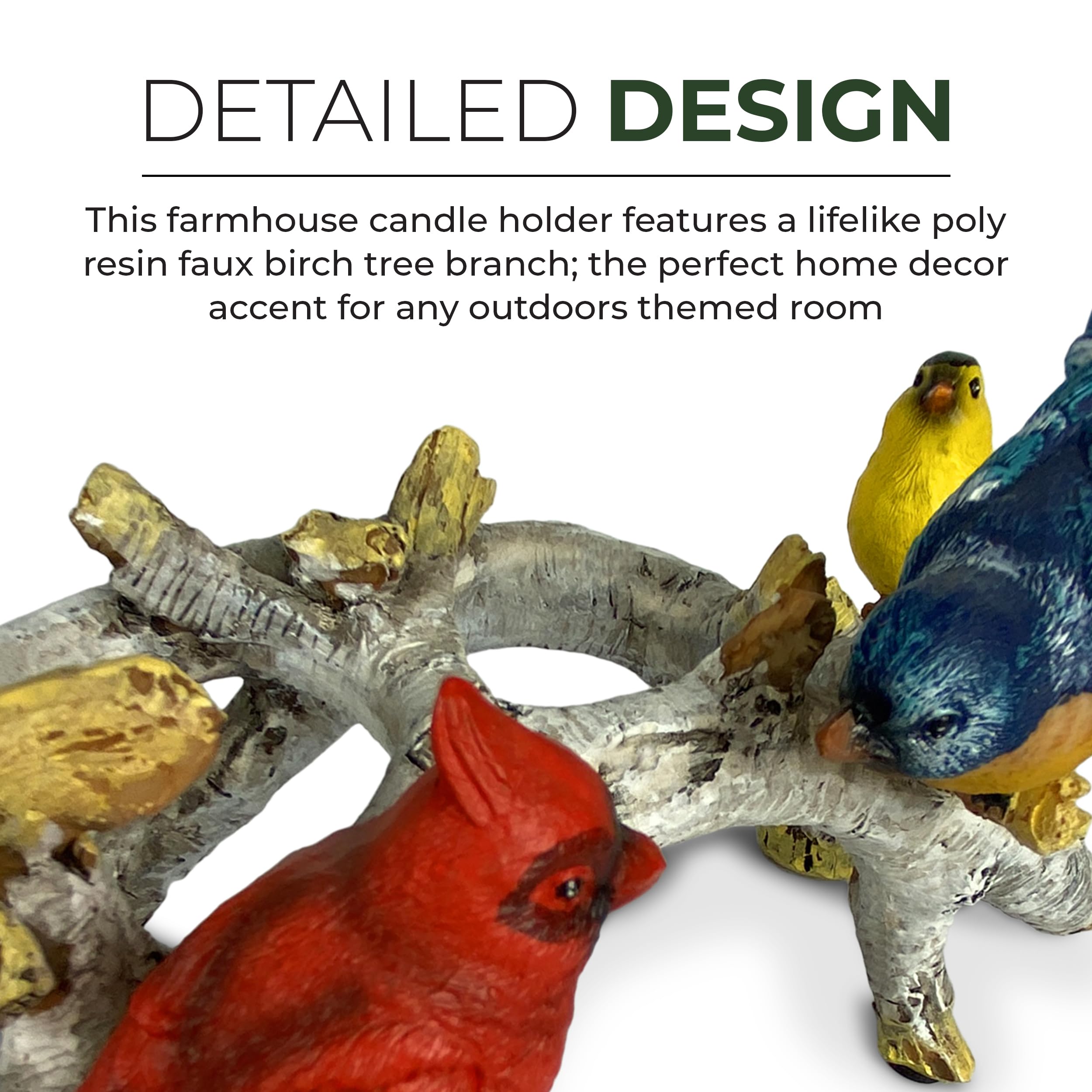 Rivers Edge Products Votive Candle Holder, 10 Inch Long Hand Painted Poly Resin Holder with 3 Clear Glass Votive Candleholders and 3 Votive Candles, Birch with Birds 3-Piece