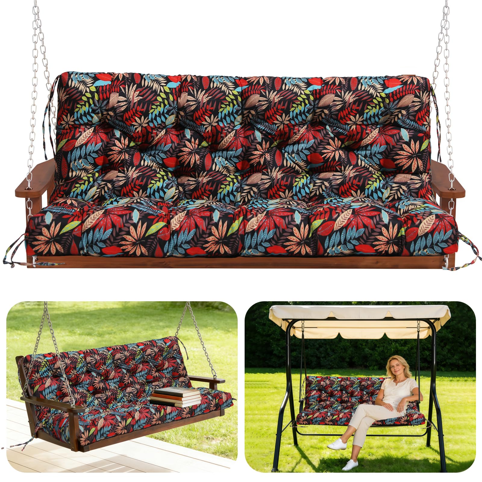 GHDM Garden Bench Cushion Thick 12cm Swing Cushions 2 Seater with Backrest and Tie 120cm Waterproof Swing Seat Cushions Replacement for Outdoor Furniture Patio Porch Lawn Backyard(Vintage plants)