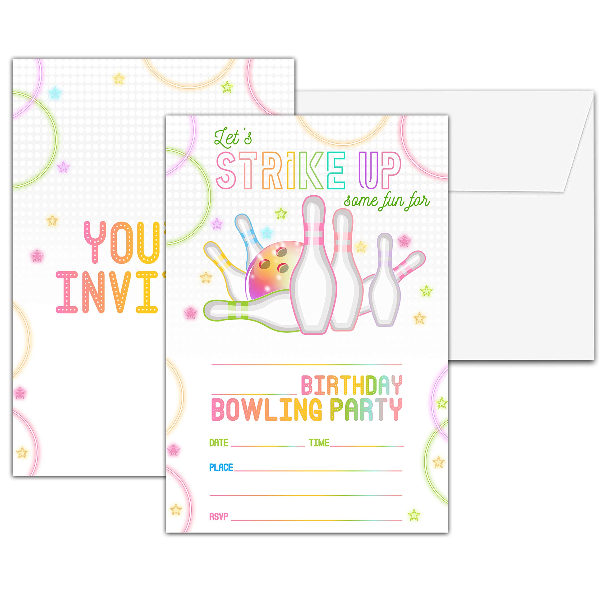 Amazon.co.jp: Chuxvon ボーリング 誕生日パーティー招待状 ストライクアップ 誕生日招待状 両面ネオングローテーマ 記入式招待状  キッズグローボーリング 誕生日パーティーの装飾 カード20枚 封筒20枚付き (C07) : Office Products AmandaCreation 光るボウリング誕生日パーティー招待状 宇宙と暗闇で光るボウリングパーティー用 5インチx7インチ 20