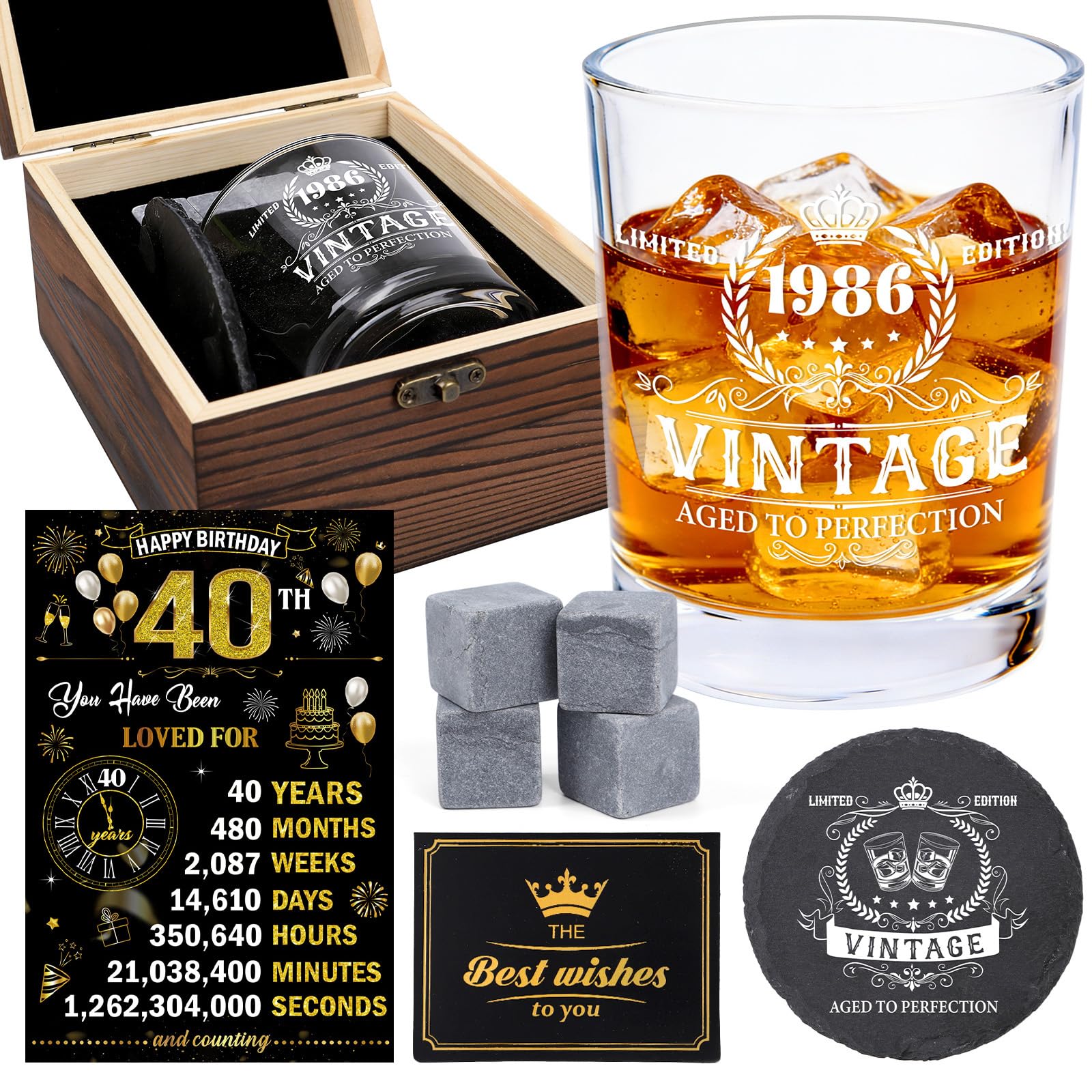 Luvart 40th Birthday Gifts for Men - Vintage 1986 Whiskey Glass Tumbler Wood Box Whiskey Stones Back in 1986 History Card Coaster Birthday Gift Set for Men Him Husband Dad 40 Year Old Party