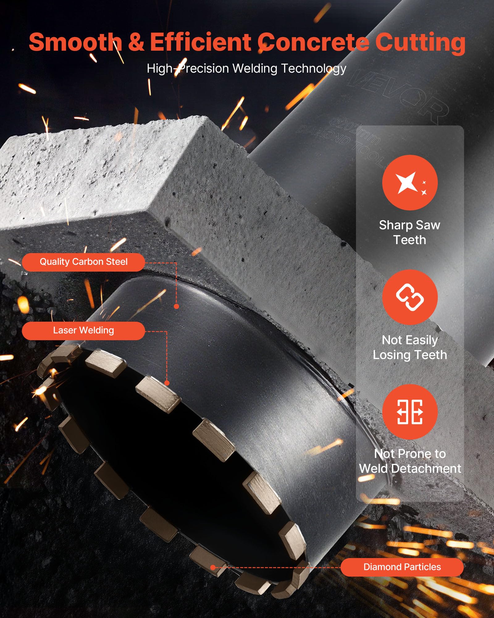 VEVOR Broca de Diamante para Perforación en Húmedo, 203 mm de Diámetro, 356 mm Profundidad de Perforación, Tecnología de Soldadura de Alta Precisión, para Hormigón Armado, Ladrillo y Mampostería