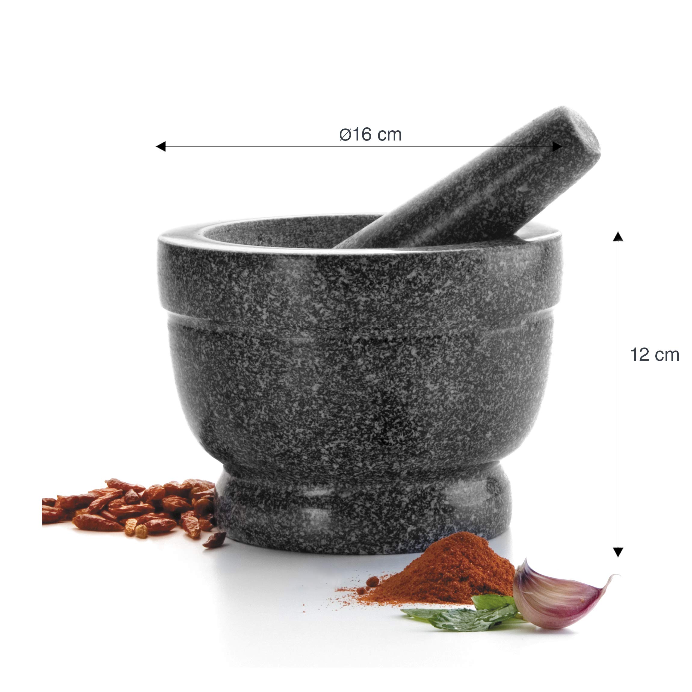 Lacor - 60516 - Granito Mano Mortaio, Pavimento da cucina con Mace, Interno non poroso, Robusto e Durevole, 16 x 12 cm, Nero
